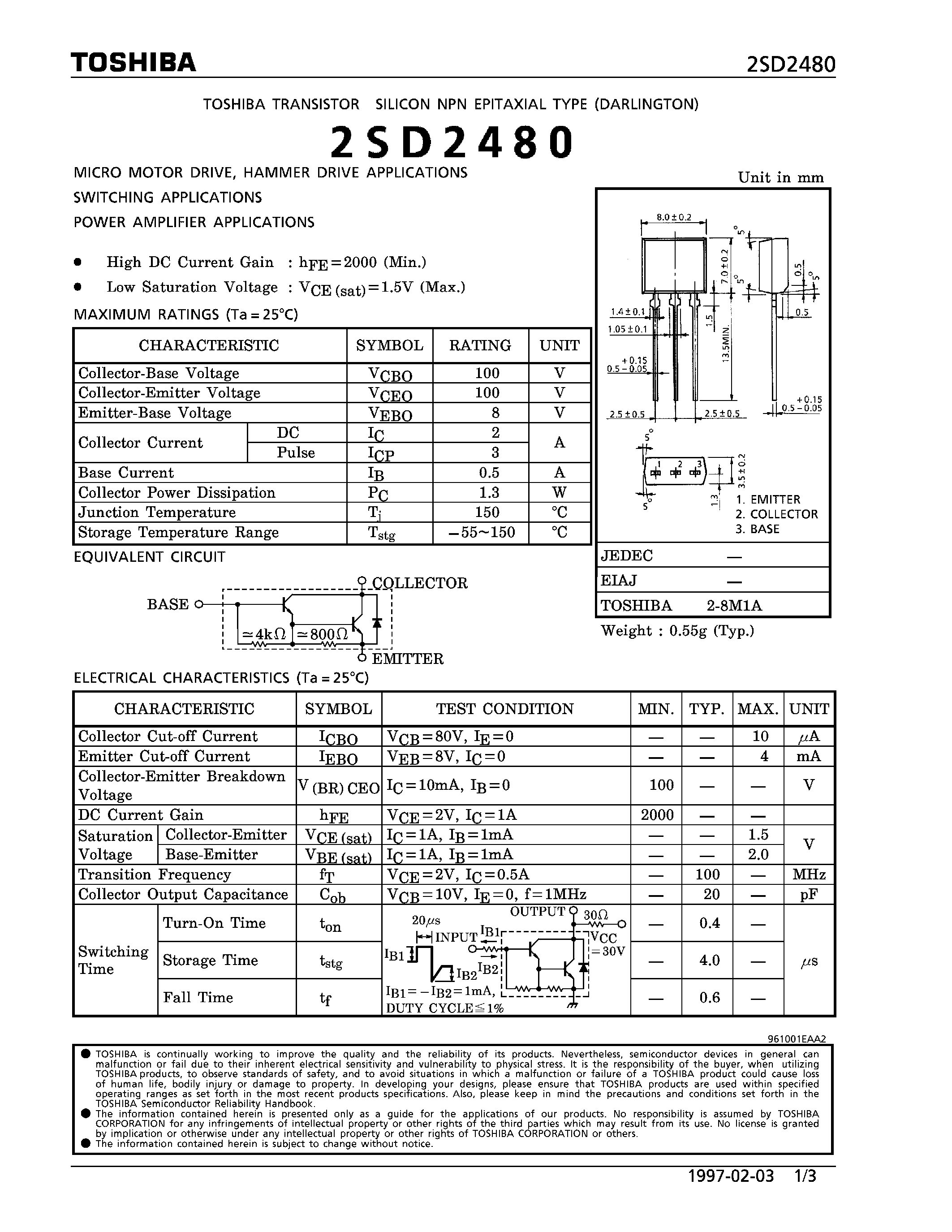 Даташит на микросхему 2SD2480 страница 1 Даташит 2SD2480 - NPN EPITAXIAL TYPE (MICRO MOTOR DRIVE/ HAMMER DRIVE/ SWITCHING/ POWER AMPLIFIER APPLICATIONS) страница 1