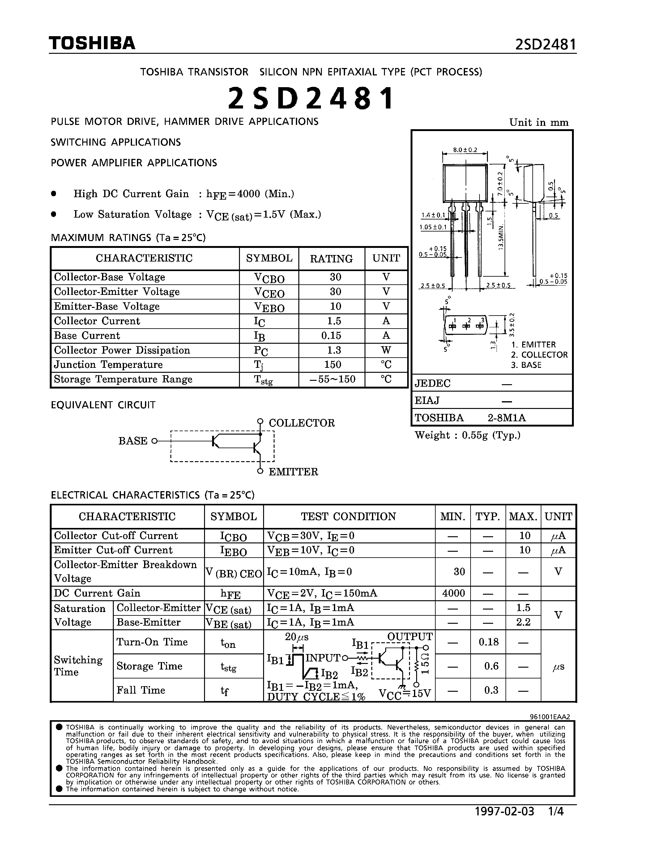 Даташит на микросхему 2SD2481 страница 1 Даташит 2SD2481 - NPN EPITAXIAL TYPE (PULSE MOTOR DRIVE/ HAMMER DRIVE/ SWITCHING/ POWER AMPLIFIER APPLICATIONS) страница 1