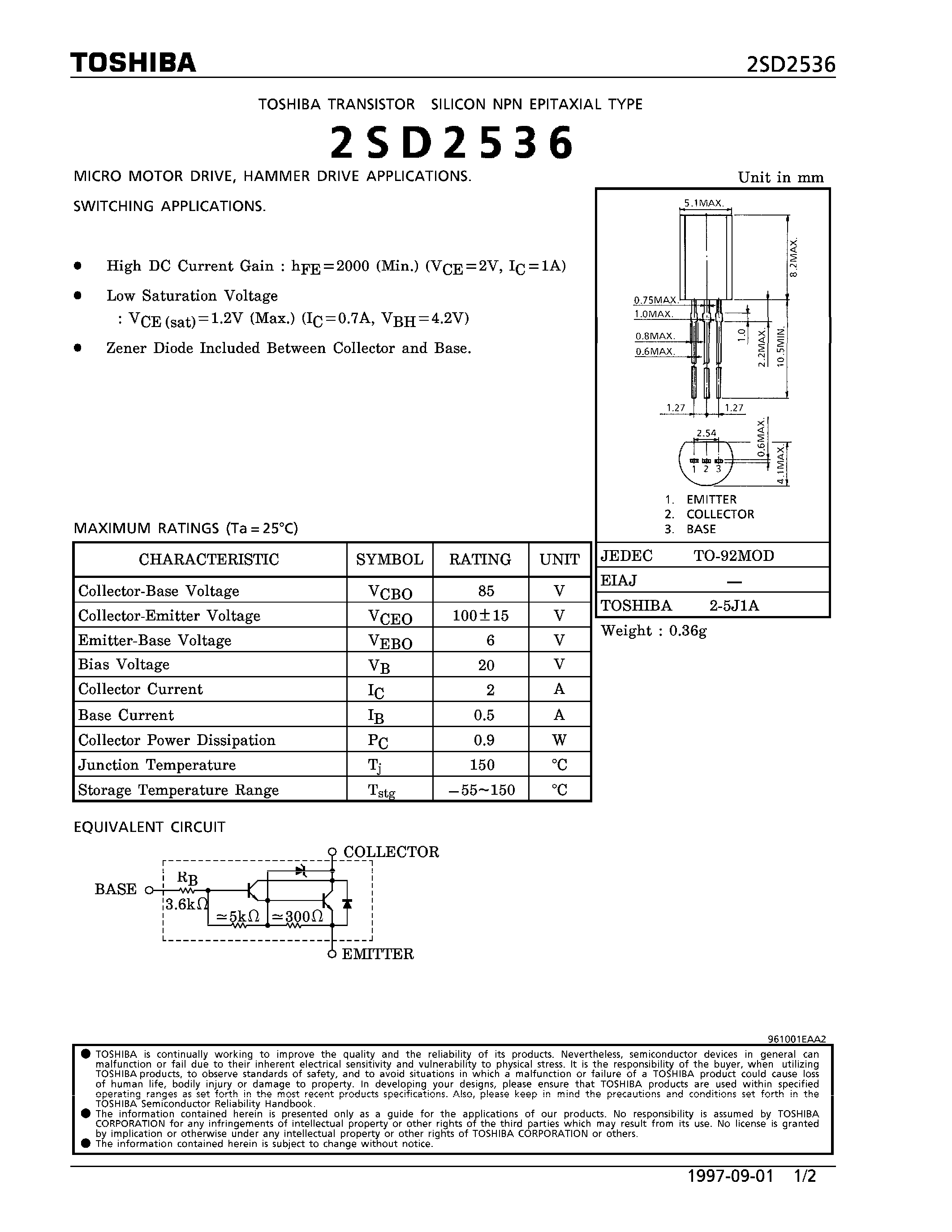 Даташит на микросхему 2SD2536 страница 1 Даташит 2SD2536 - NPN EPITAXIAL TYPE (MICRO MOTOR DRIVE/ HAMMER DRIVE/ SWITCHING APPLICATIONS) страница 1