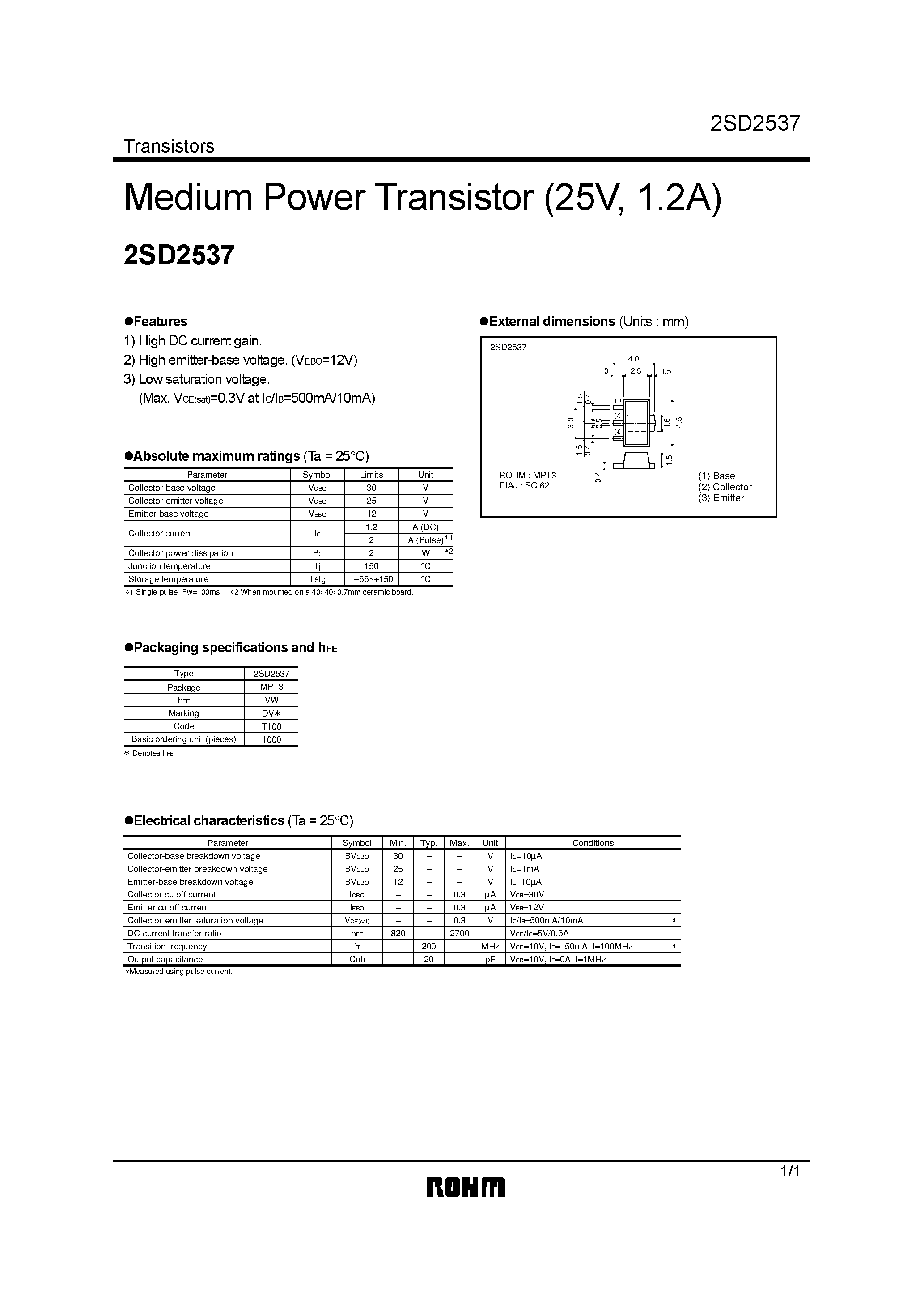 Даташит на микросхему 2SD2537 страница 1 Даташит 2SD2537 - Medium Power Transistor (25V/ 1.2A) страница 1