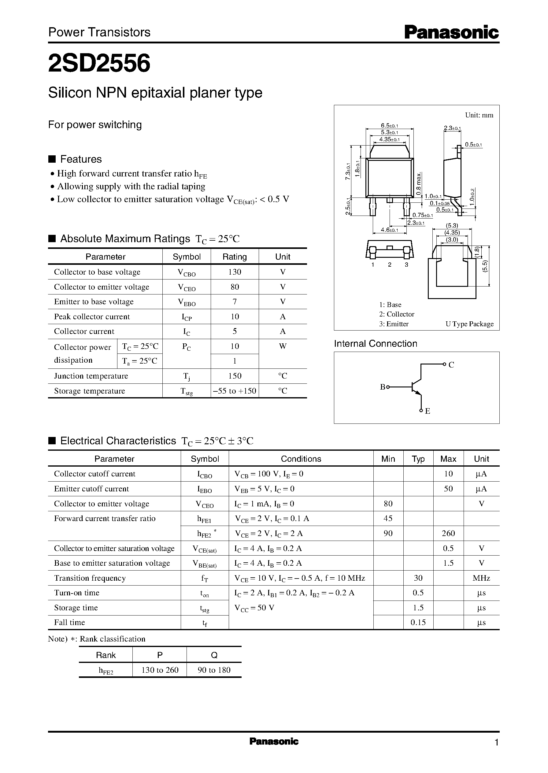 Даташит на микросхему 2SD2556 страница 1 Даташит 2SD2556 - Silicon NPN epitaxial planer type(For power switching) страница 1