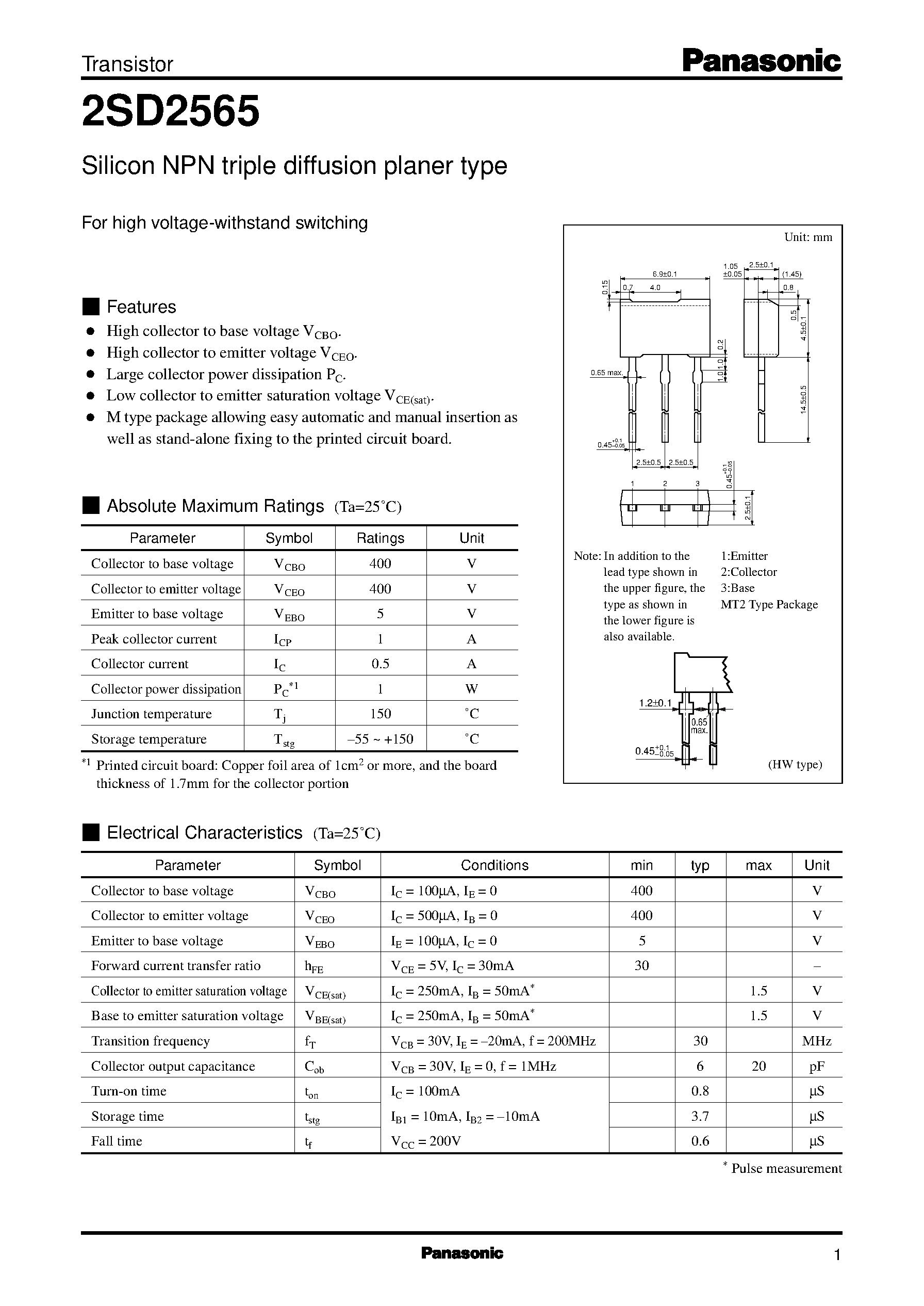Даташит на микросхему 2SD2565 страница 1 Даташит 2SD2565 - Silicon NPN triple diffusion planer type(For high voltage-withstand switching) страница 1