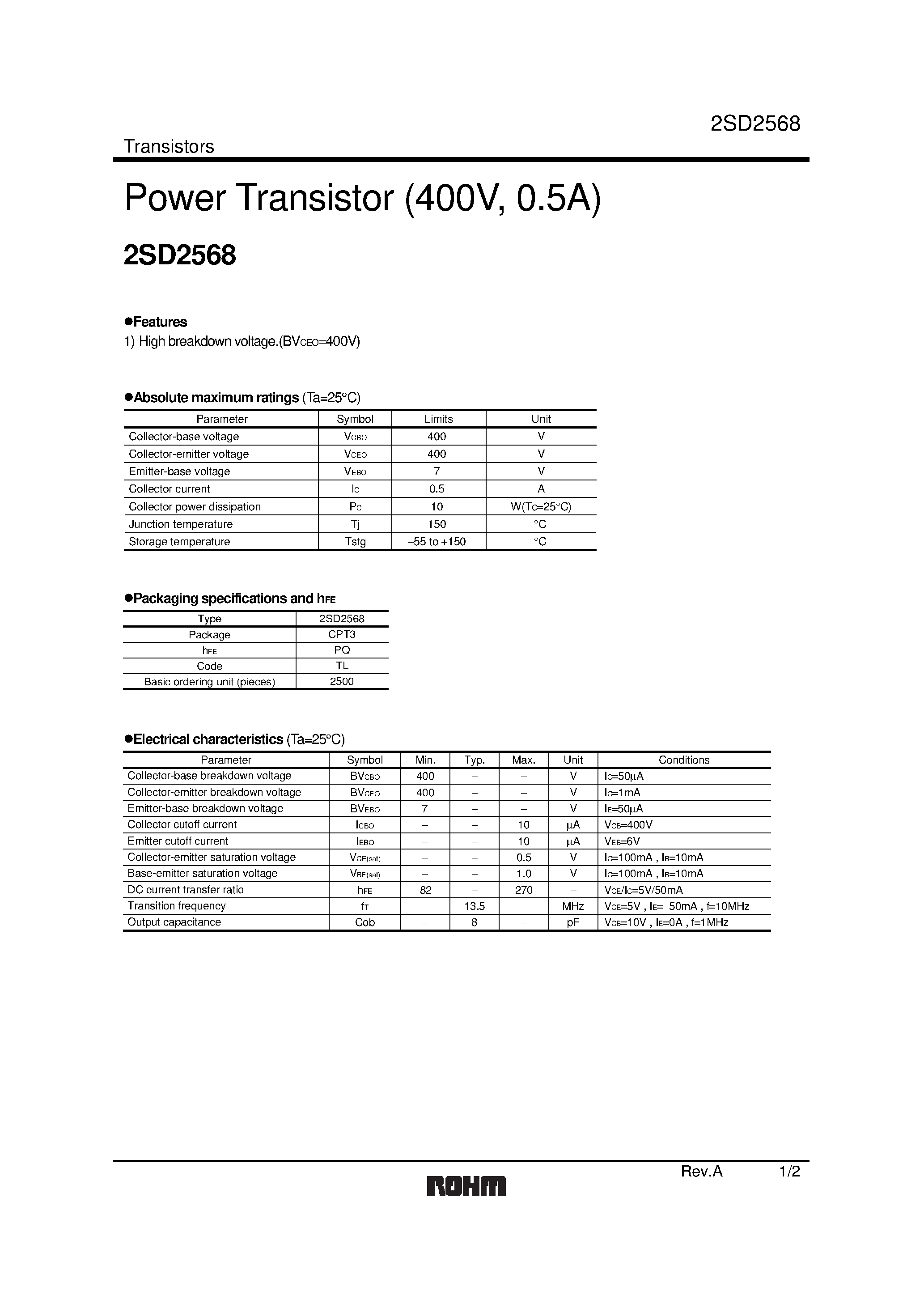 Datasheet 2SD2568 - Power Transistor (400V/ 0.5A) page 1