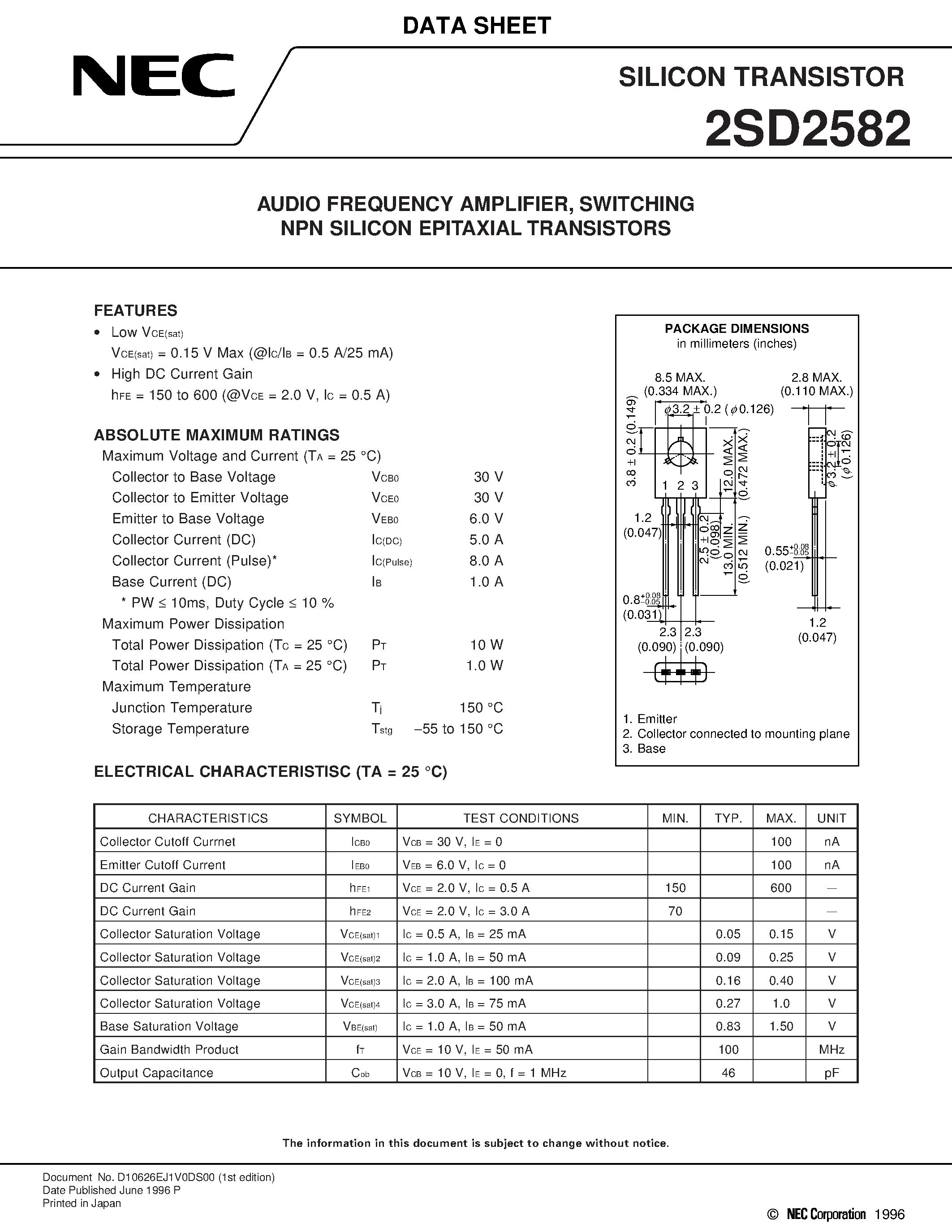 Даташит 2SD2582 - AUDIO FREQUENCY AMPLIFIER/ SWITCHING NPN SILICON EPITAXIAL TRANSISTORS страница 1