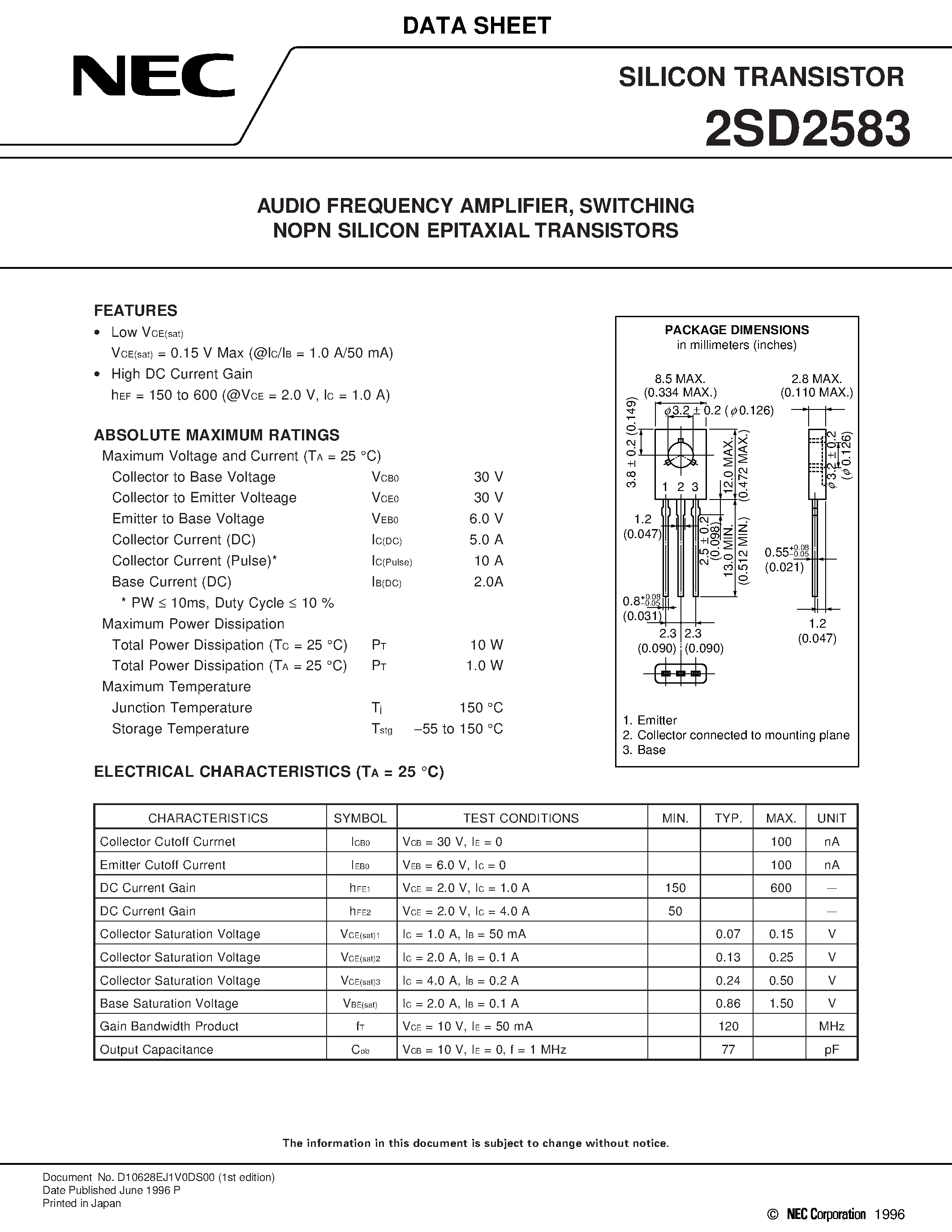 Даташит 2SD2583 - AUDIO FREQUENCY AMPLIFIER/ SWITCHING NOPN SILICON EPITAXIAL TRANSISTORS страница 1