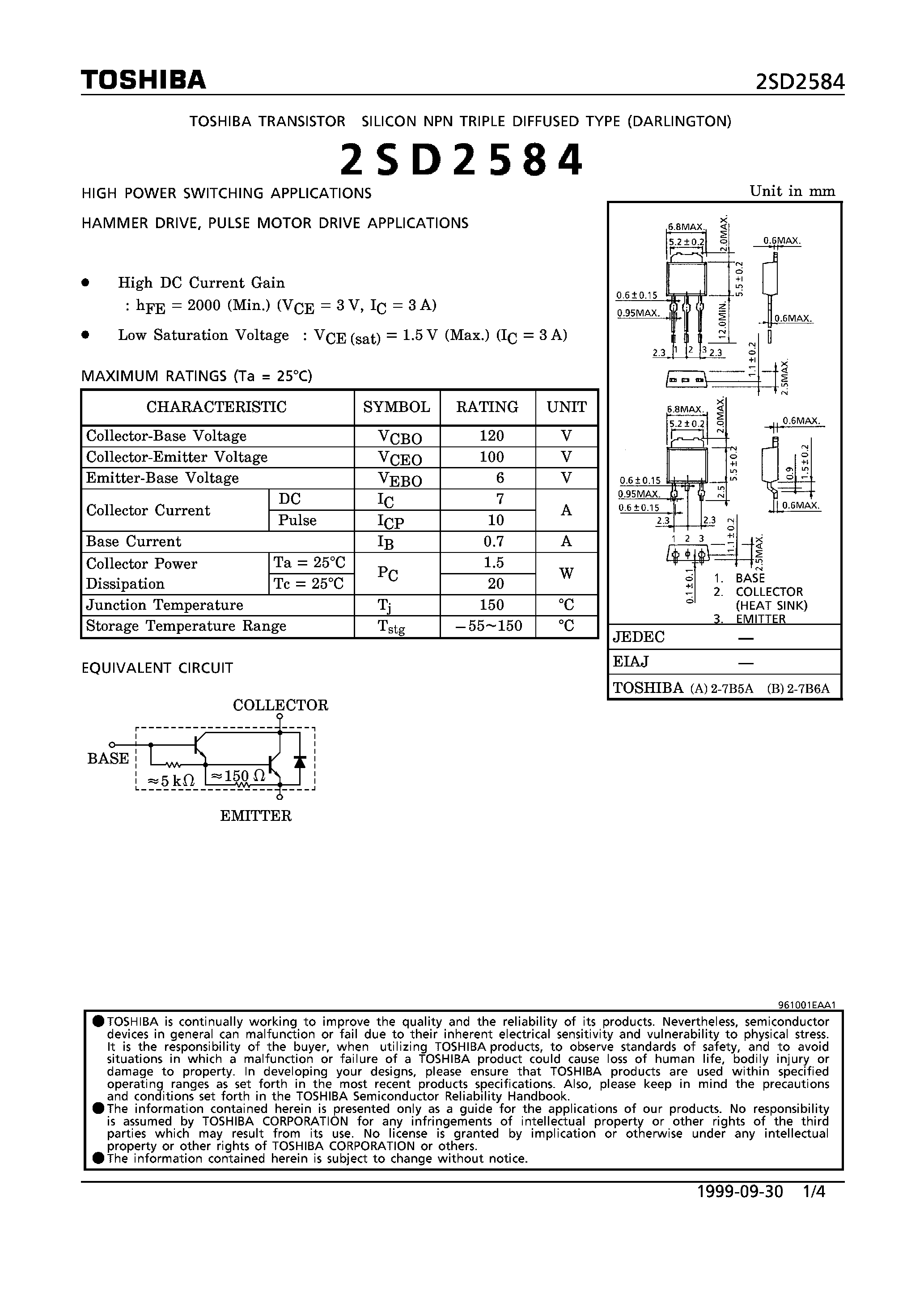 Даташит на микросхему 2SD2584 страница 1 Даташит 2SD2584 - NPN TRIPLE DIFFUSED TYPE (HIGH POWER SWITCHING/ HAMMER DRIVE/ PULSE MOTOR DRIVE APPLICATIONS) страница 1