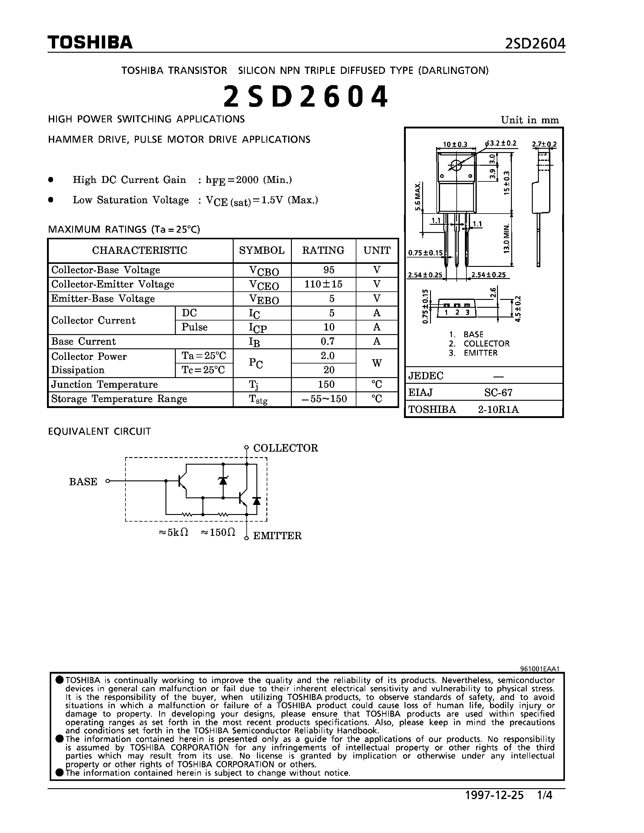 Даташит на микросхему 2SD2604 страница 1 Даташит 2SD2604 - HIGH POWER SWITCHING APPLICATIONS HAMMER DRIVE PULSE MOTOR DRIVE APPLICATIONS страница 1