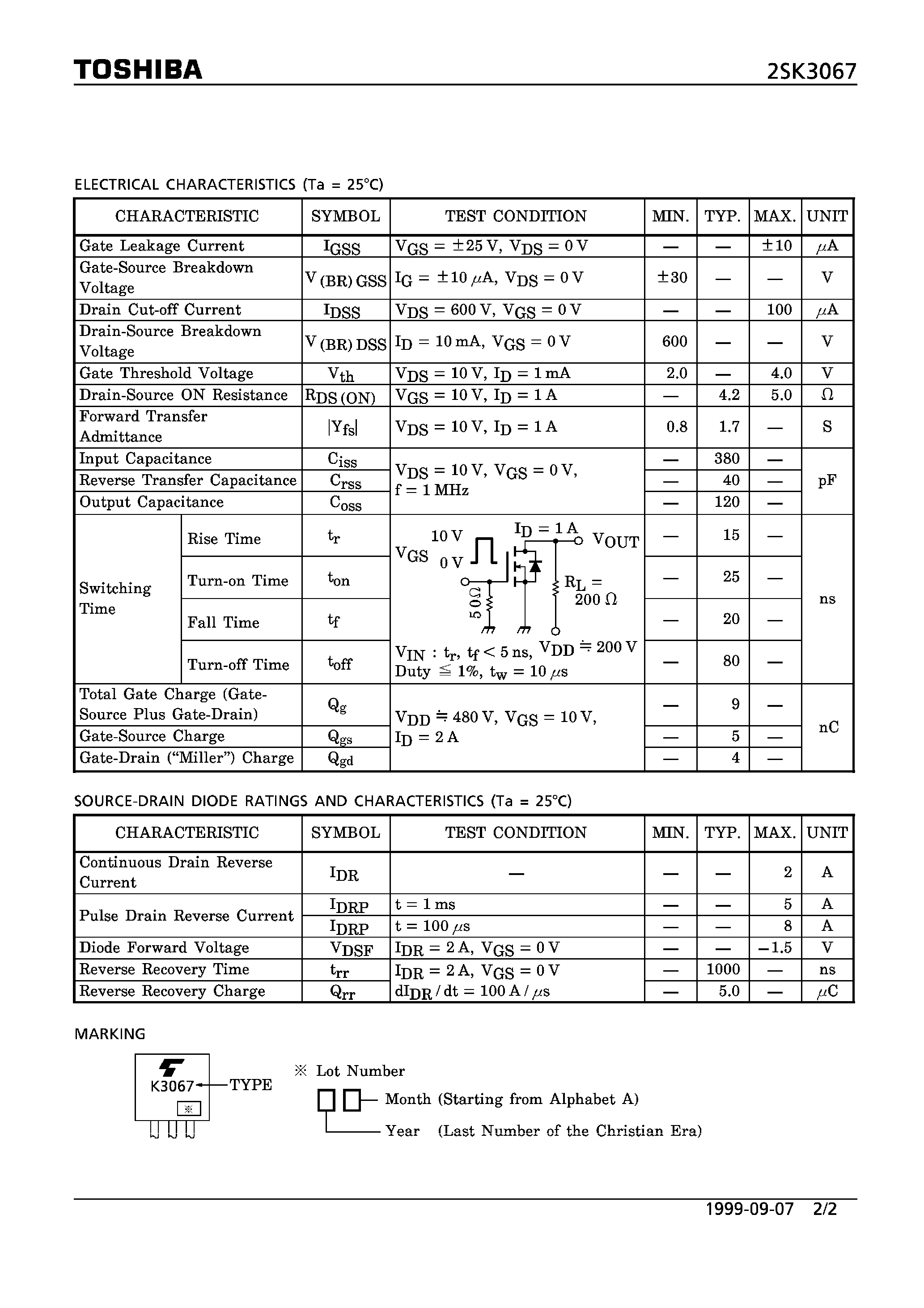 Datasheet 2SD3067 - N CHANNEL MOS TYPE (HIGH SPEED/ HIGH CURRENT SWITCHIGN/ CHOPPER REGULATOR/ DC-DC CONVERTER AND MOTOR DRIVE APPLICATIONS) page 2