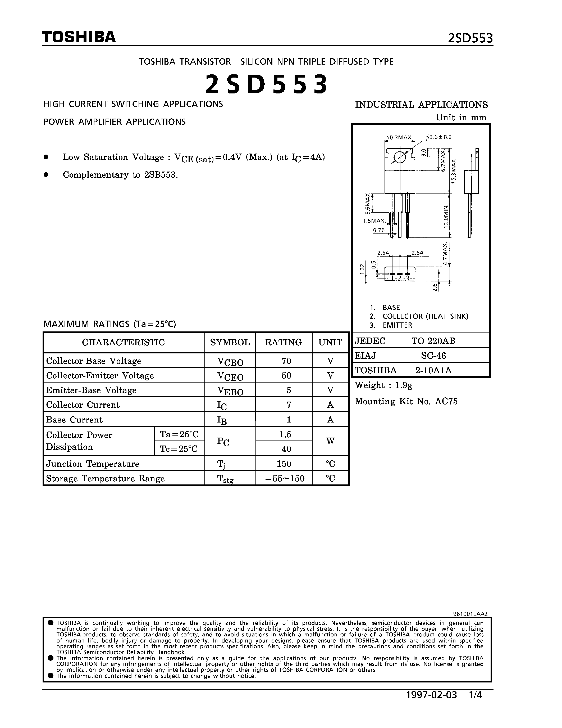 Даташит на микросхему 2SD553 страница 1 Даташит 2SD553 - NPN TRIPLE DIFFUSED TYPE (HIGH CURRENT SWITCHING/ POWER AMPLIFIER APPLICATIONS) страница 1