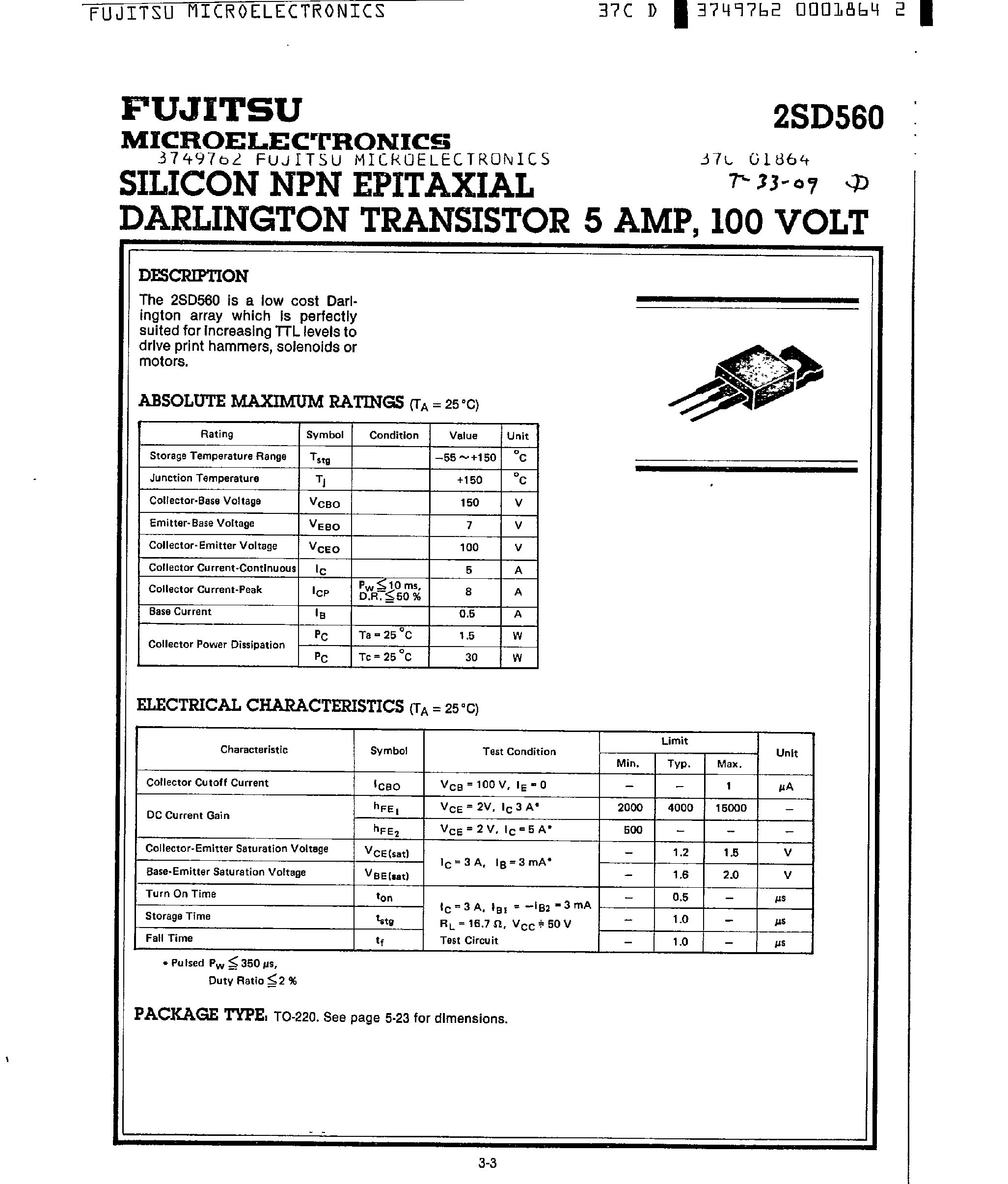 Datasheet 2SD560 - SILICON NPN EPITAXIAL DARLINGTON TRANSISTOR (5 AMP/ 100 VOLT) page 1
