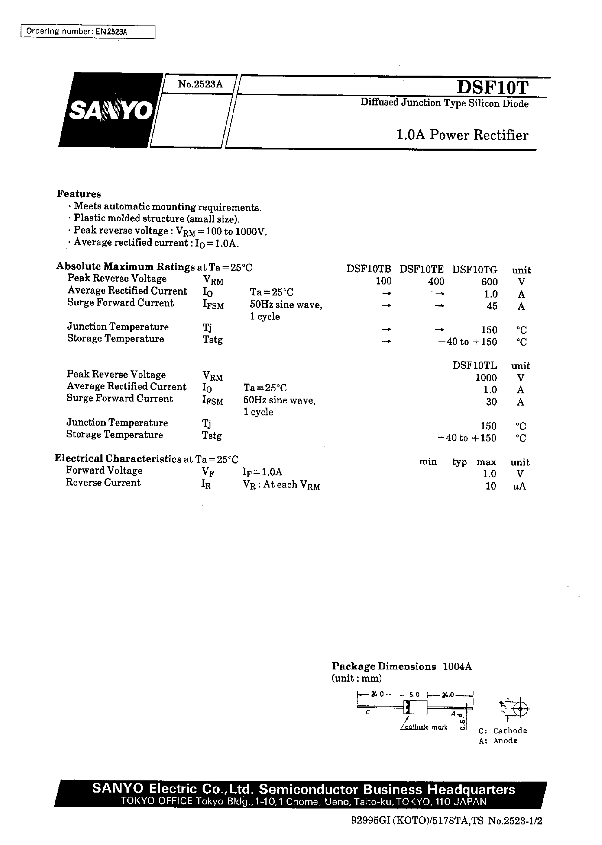 Datasheet DSF10TE page 1 Datasheet DSF10TE - 1.0A Power Rectifier page 1