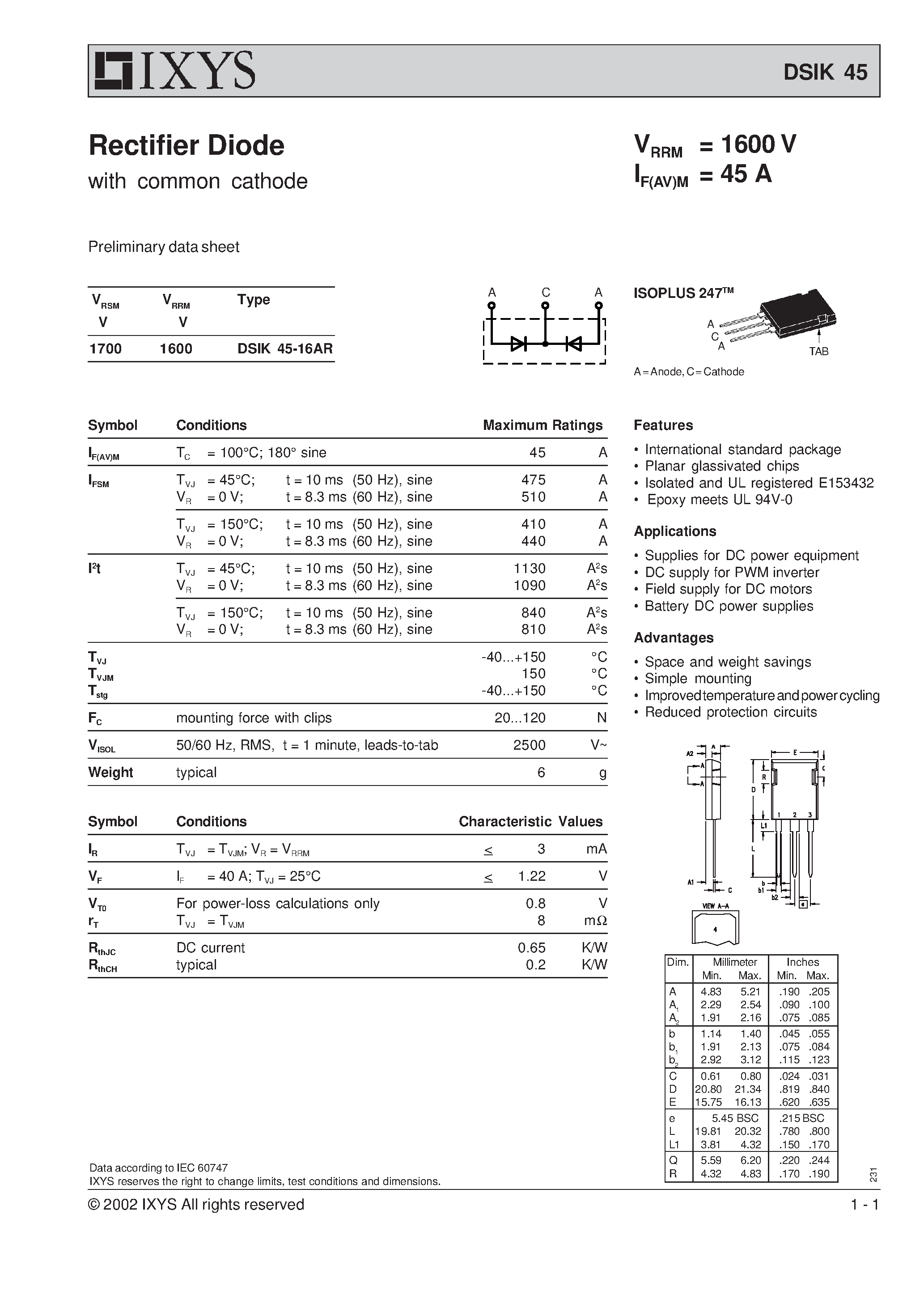 Datasheet DSIK45 page 1 Datasheet DSIK45 - Rectifier Diode with common cathode page 1