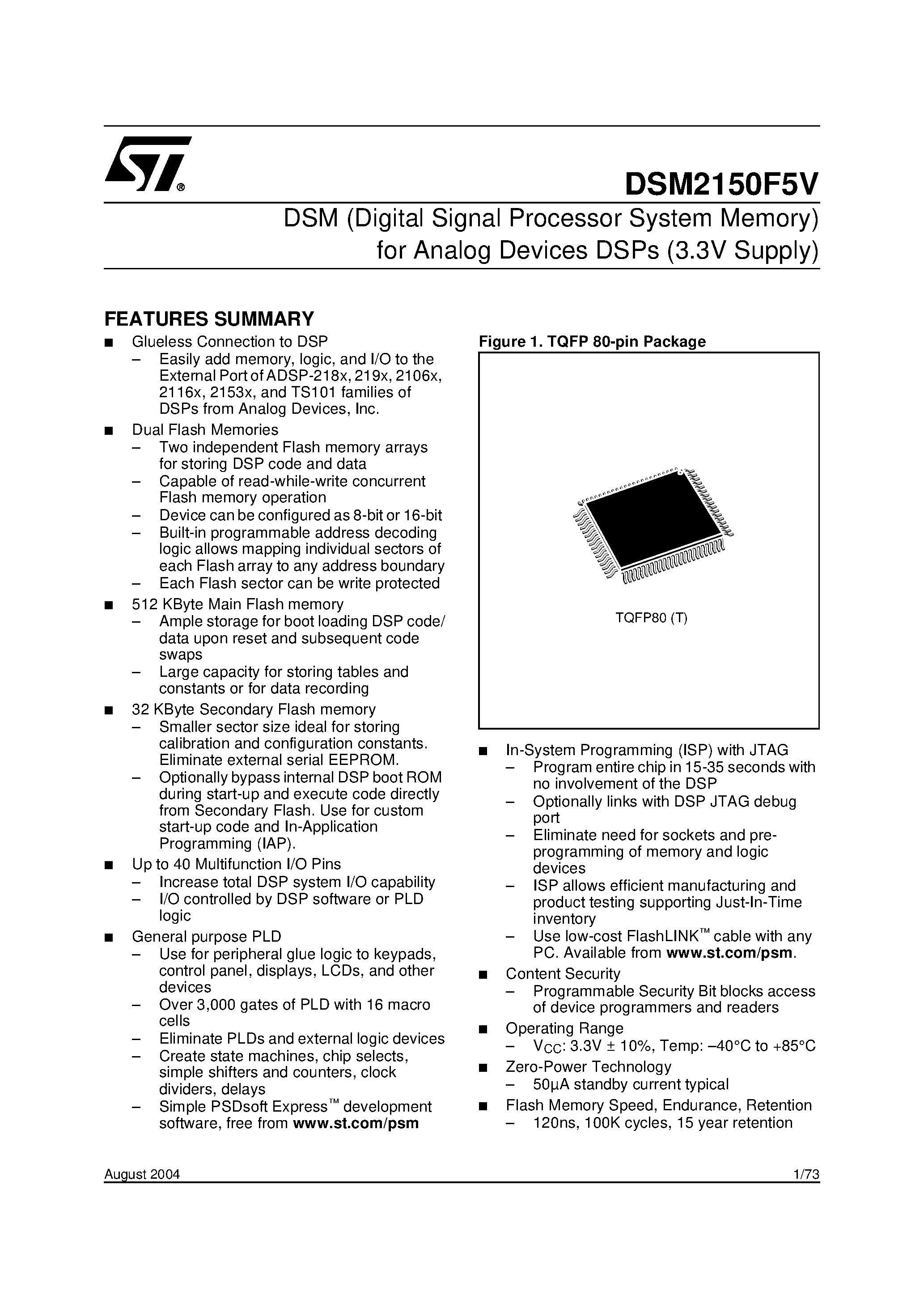 Datasheet DSM2150F5V page 1 Datasheet DSM2150F5V - DSM (Digital Signal Processor System Memory) for Analog Devices DSPs (3.3V Supply) page 1