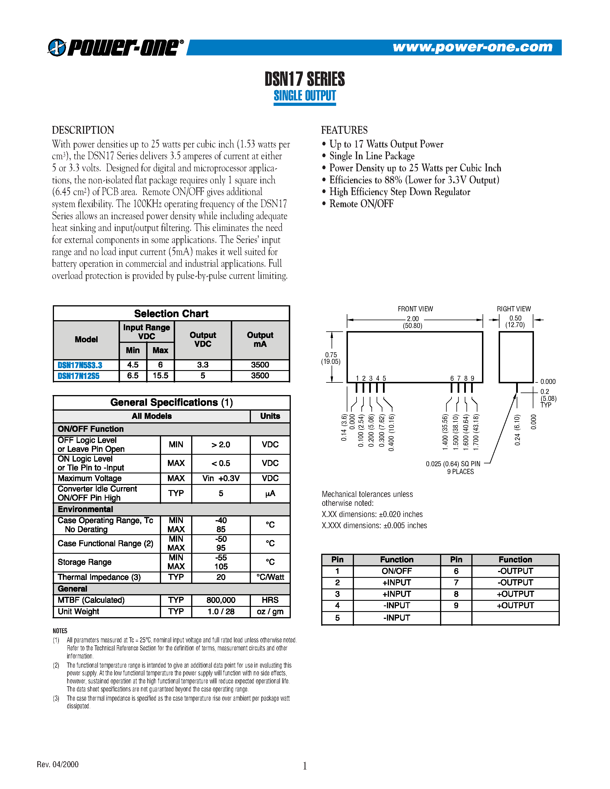 Datasheet DSN17N5S3.3 - SINGLE OUTPUT page 1