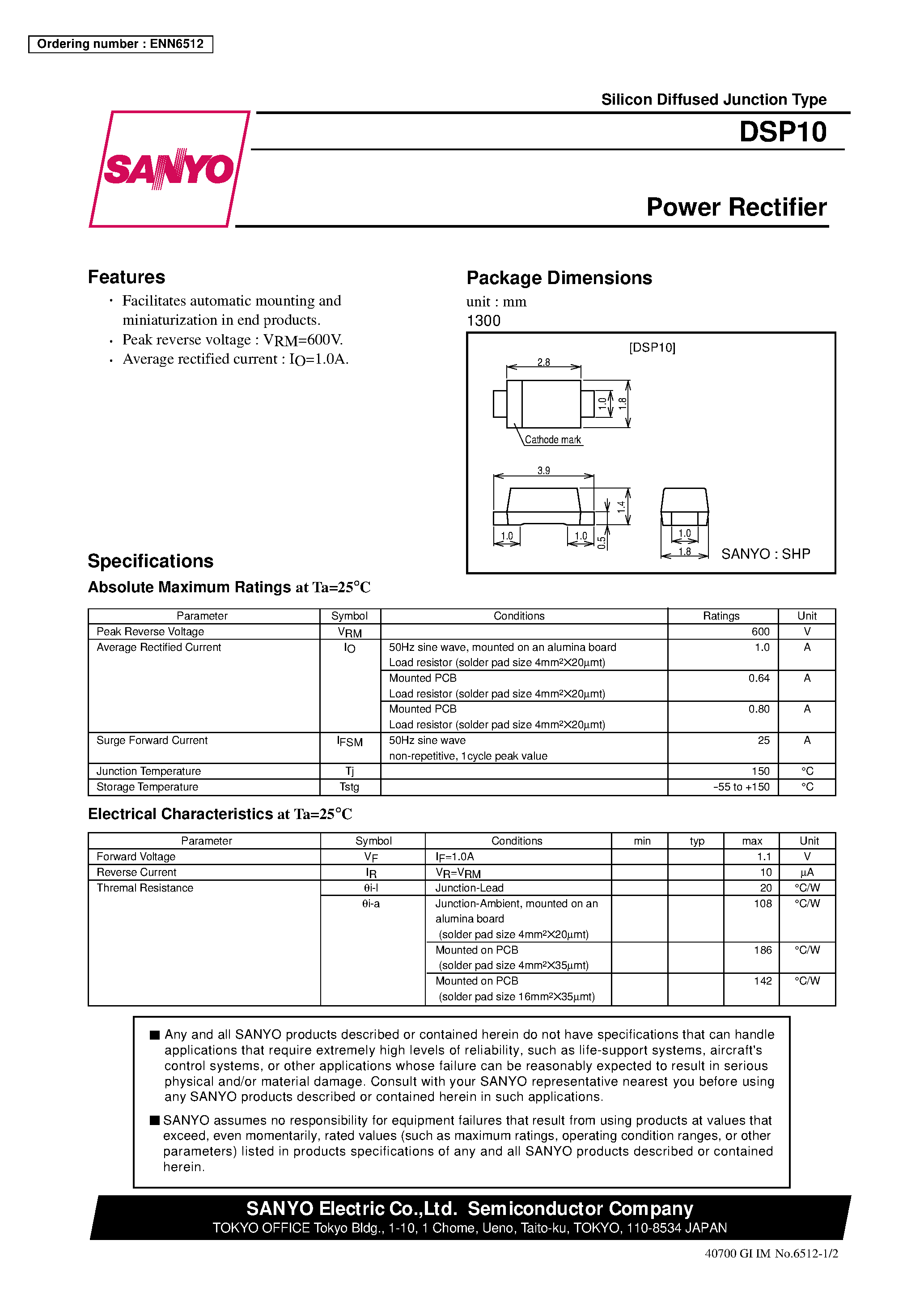 Datasheet DSP10 - Power Rectifier page 1