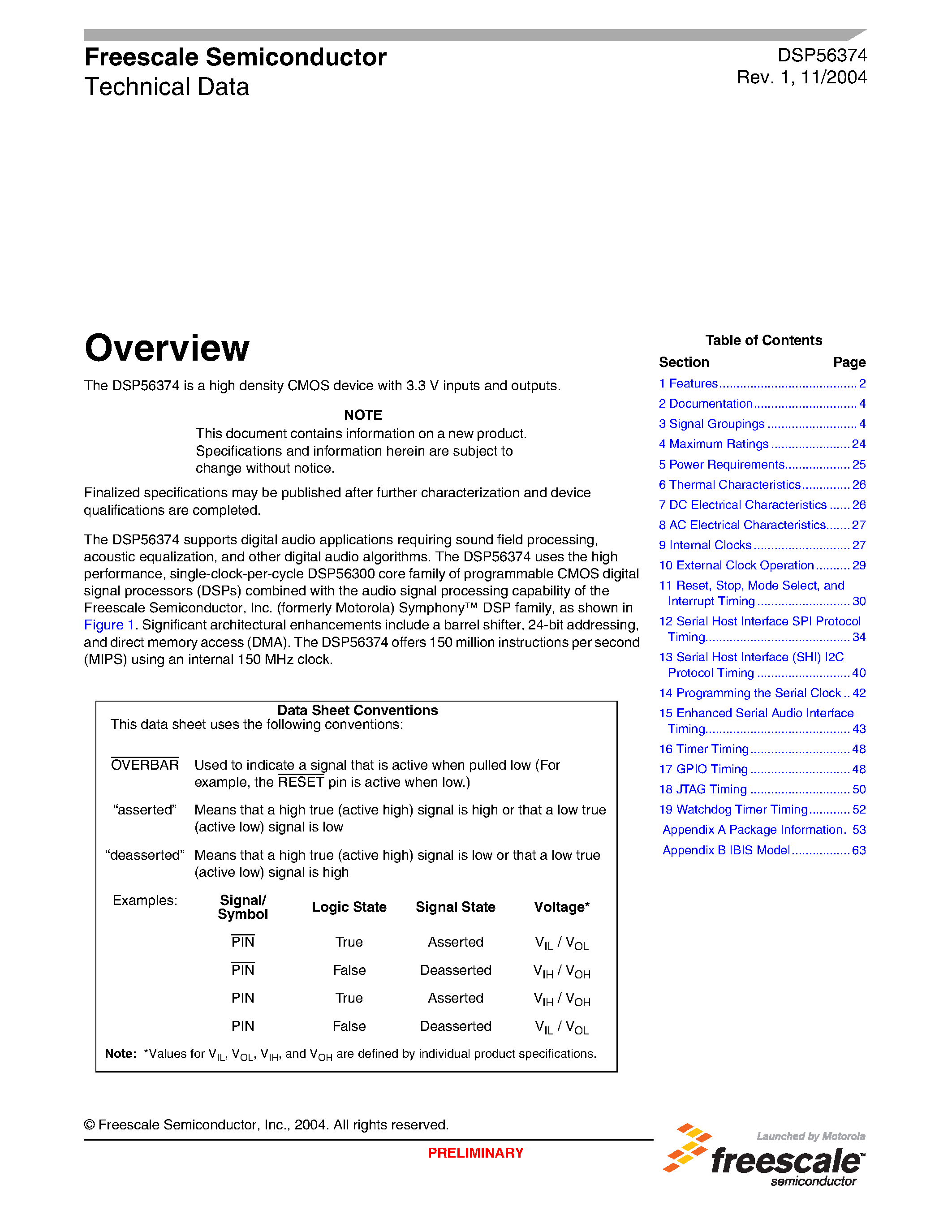 Datasheet DSP56374UM/D - high density CMOS device with 3.3 V inputs and outputs page 1