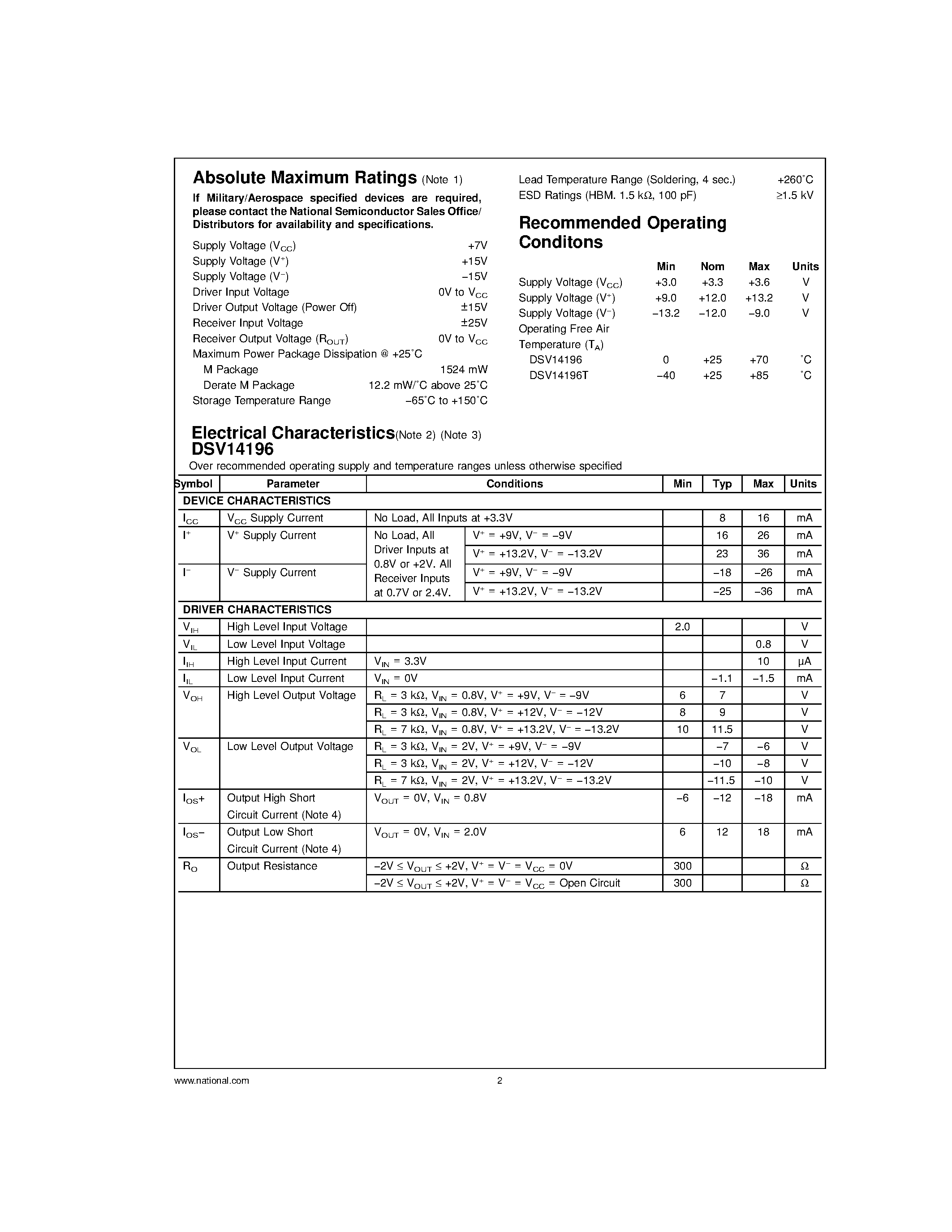 Datasheet DSV14196 - +3.3V Supply EIA/TIA-232 5 Driver x 3 Receiver page 2
