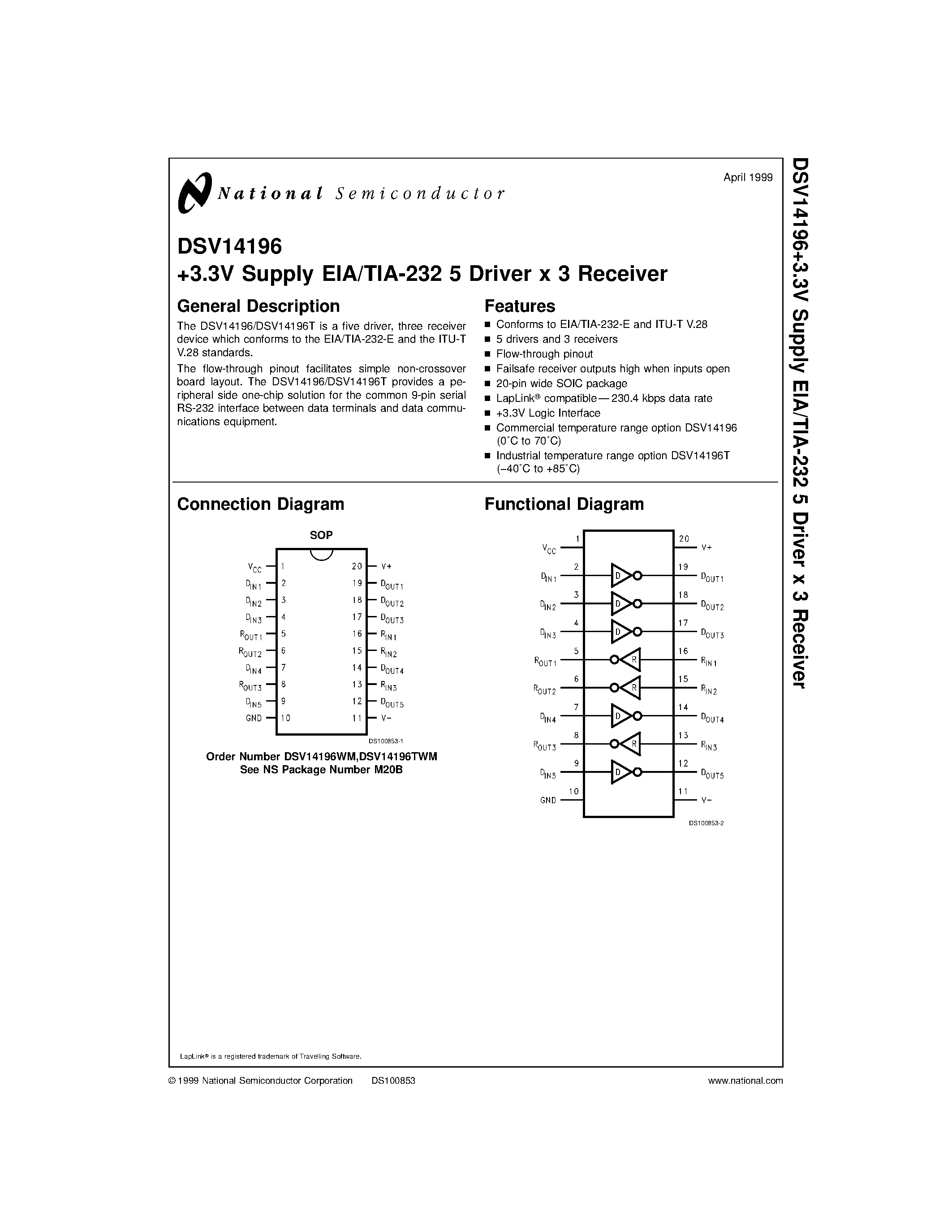Datasheet DSV14196TWM - +3.3V Supply EIA/TIA-232 5 Driver x 3 Receiver page 1