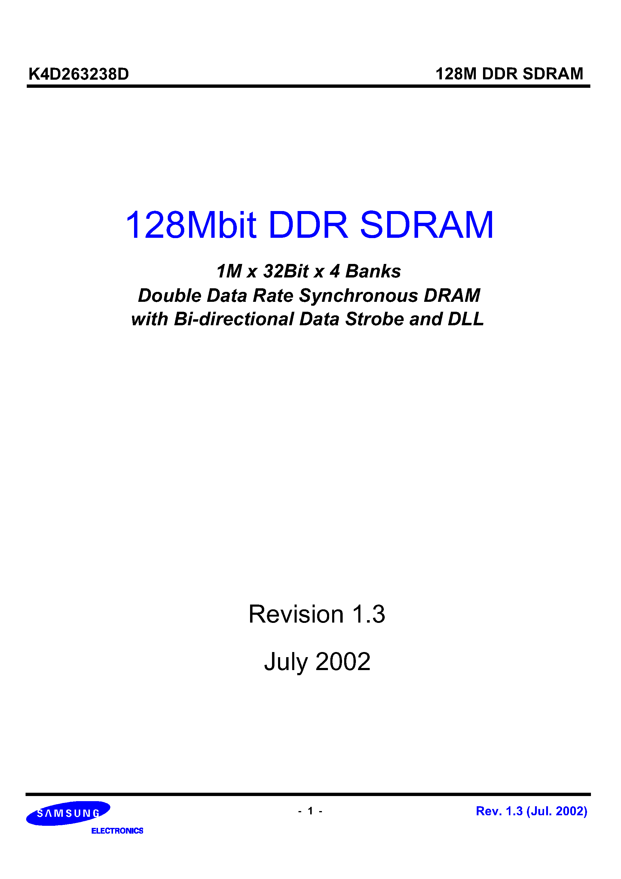 Datasheet DS_K4D263238D - 1M x 32Bit x 4 Banks Double Data Rate Synchronous DRAM with Bi-directional Data Strobe and DLL page 1
