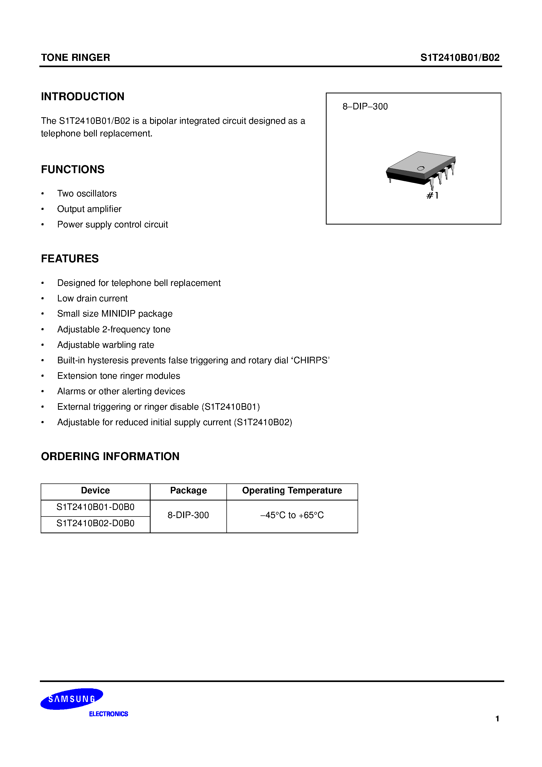 Datasheet DS_S1T2410B01 - bipolar integrated circuit designed as a telephone bell replacement page 1