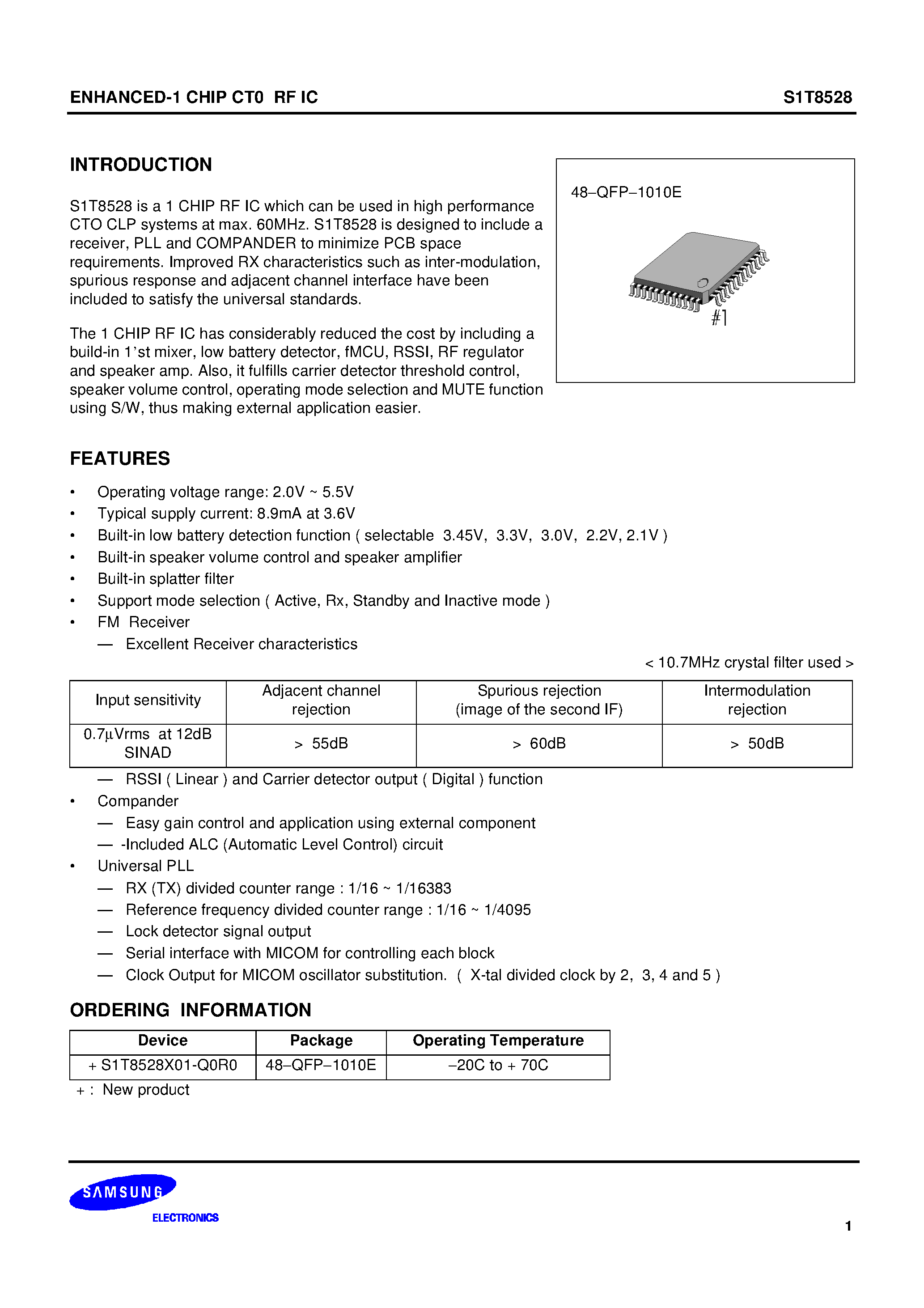 Даташит на микросхему DS_S1T8528X01 страница 1 Даташит DS_S1T8528X01 - ENHANCED-1 CHIP CT0 RF IC страница 1