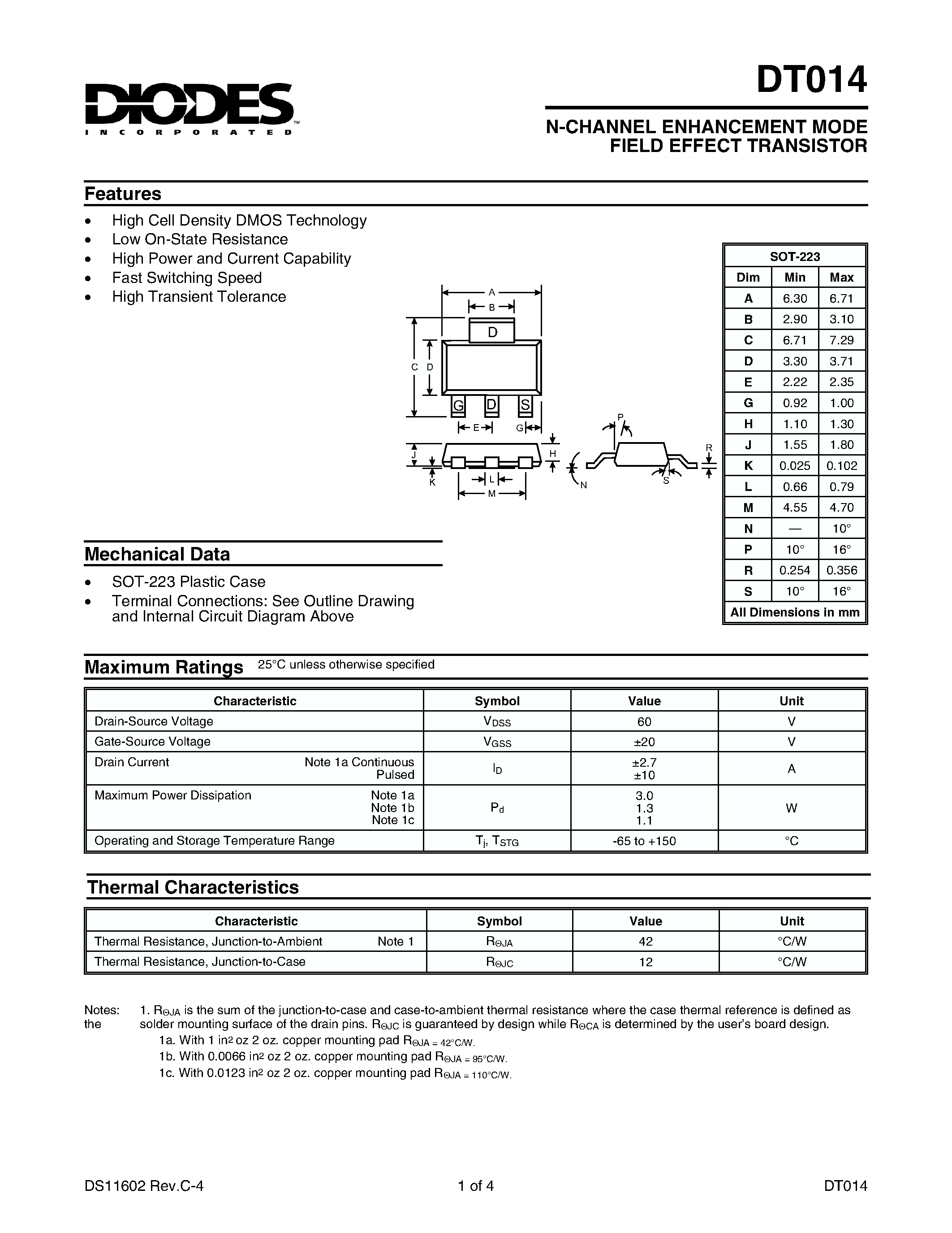 Datasheet DT014 - N-CHANNEL ENHANCEMENT MODE FIELD EFFECT TRANSISTOR page 1