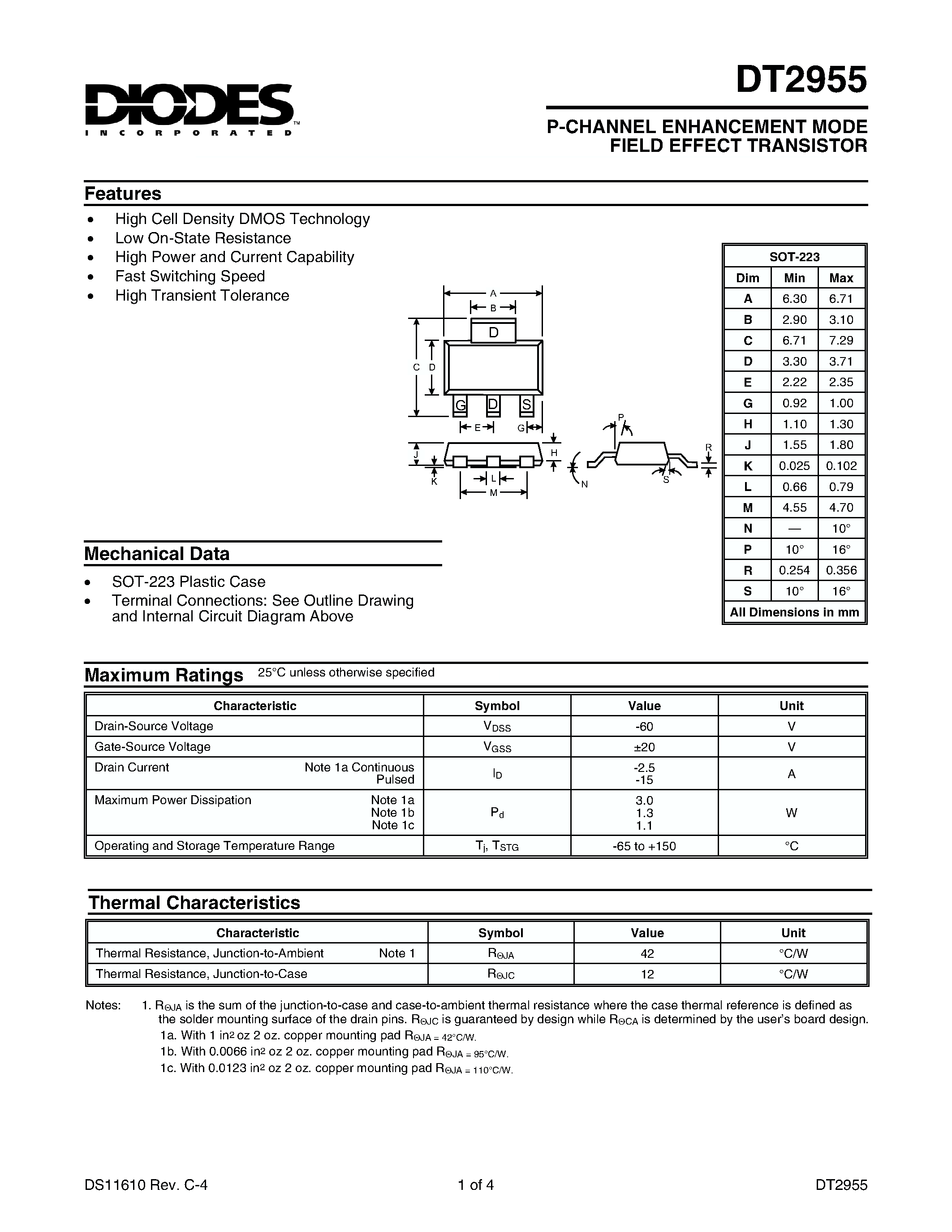 Datasheet DT2955 - P-CHANNEL ENHANCEMENT MODE FIELD EFFECT TRANSISTOR page 1