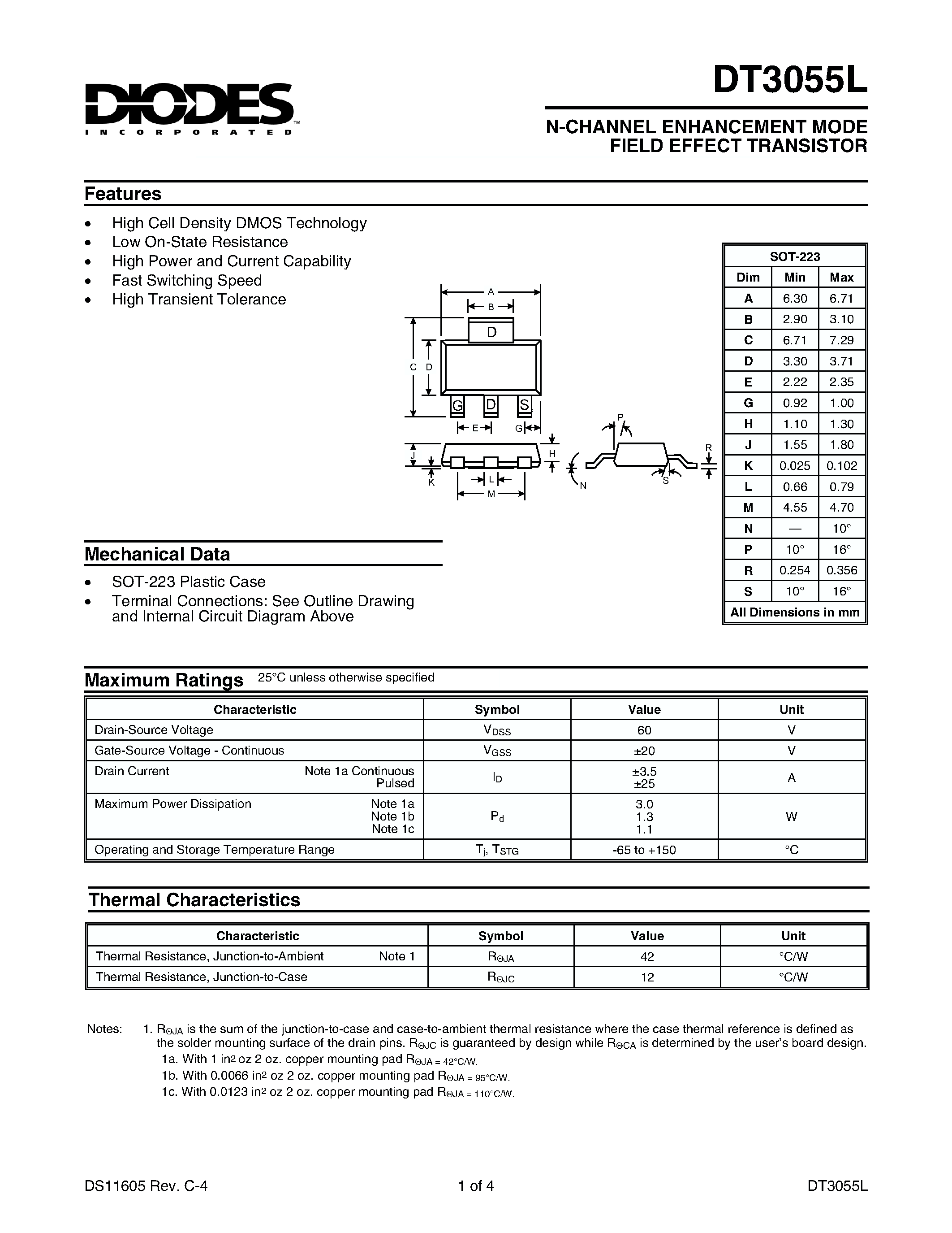 Datasheet DT3055L - N-CHANNEL ENHANCEMENT MODE FIELD EFFECT TRANSISTOR page 1