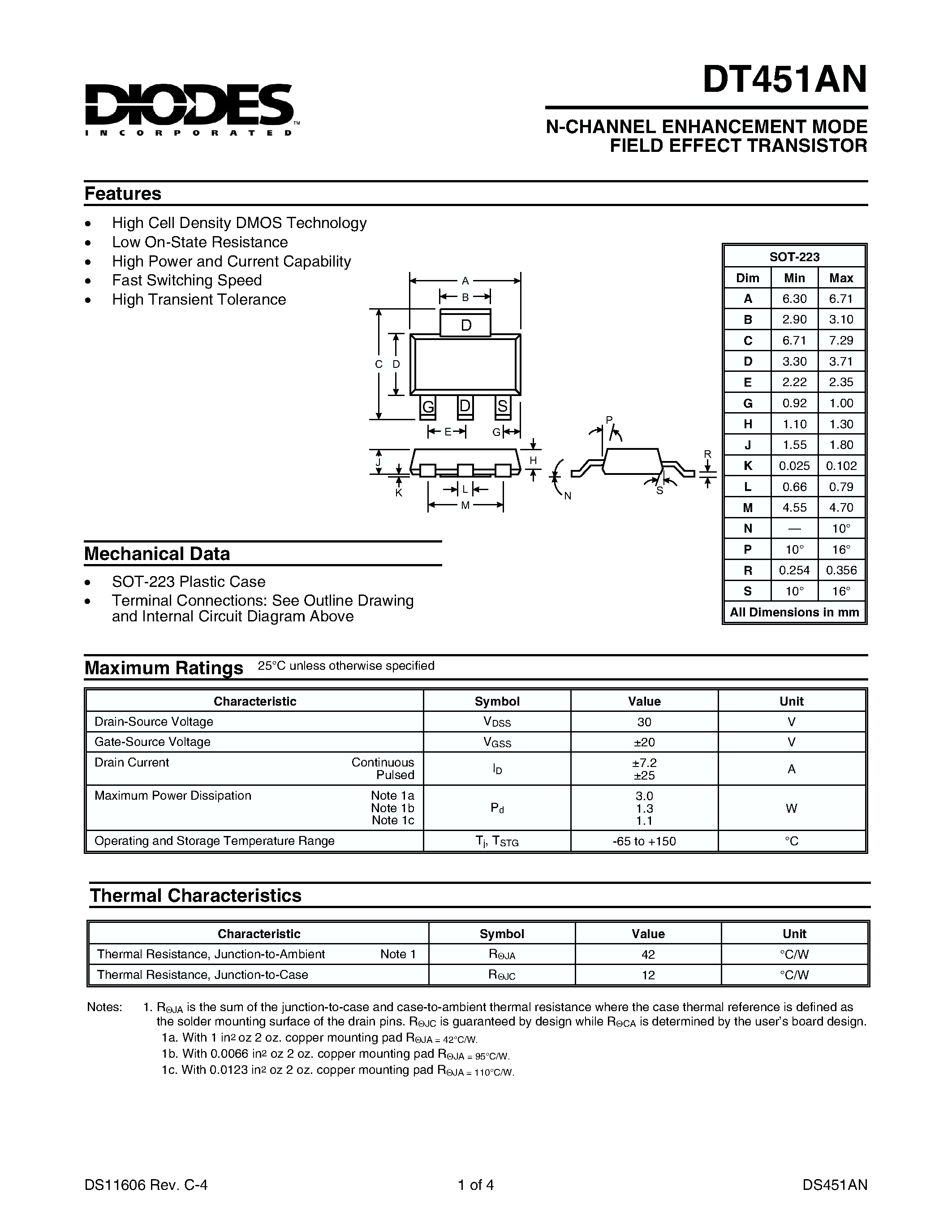 Datasheet DT451AN - N-CHANNEL ENHANCEMENT MODE FIELD EFFECT TRANSISTOR page 1