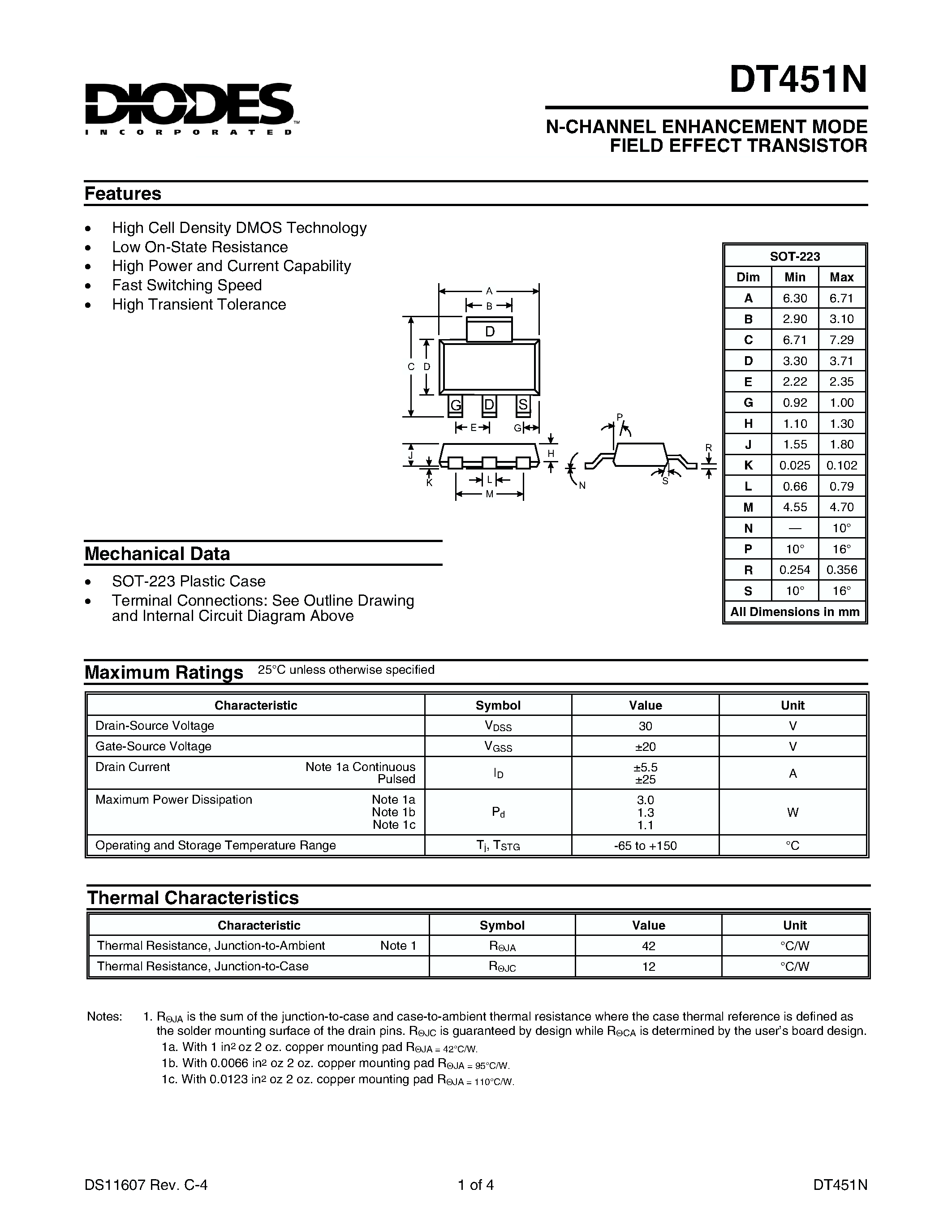 Datasheet DT451N - N-CHANNEL ENHANCEMENT MODE FIELD EFFECT TRANSISTOR page 1