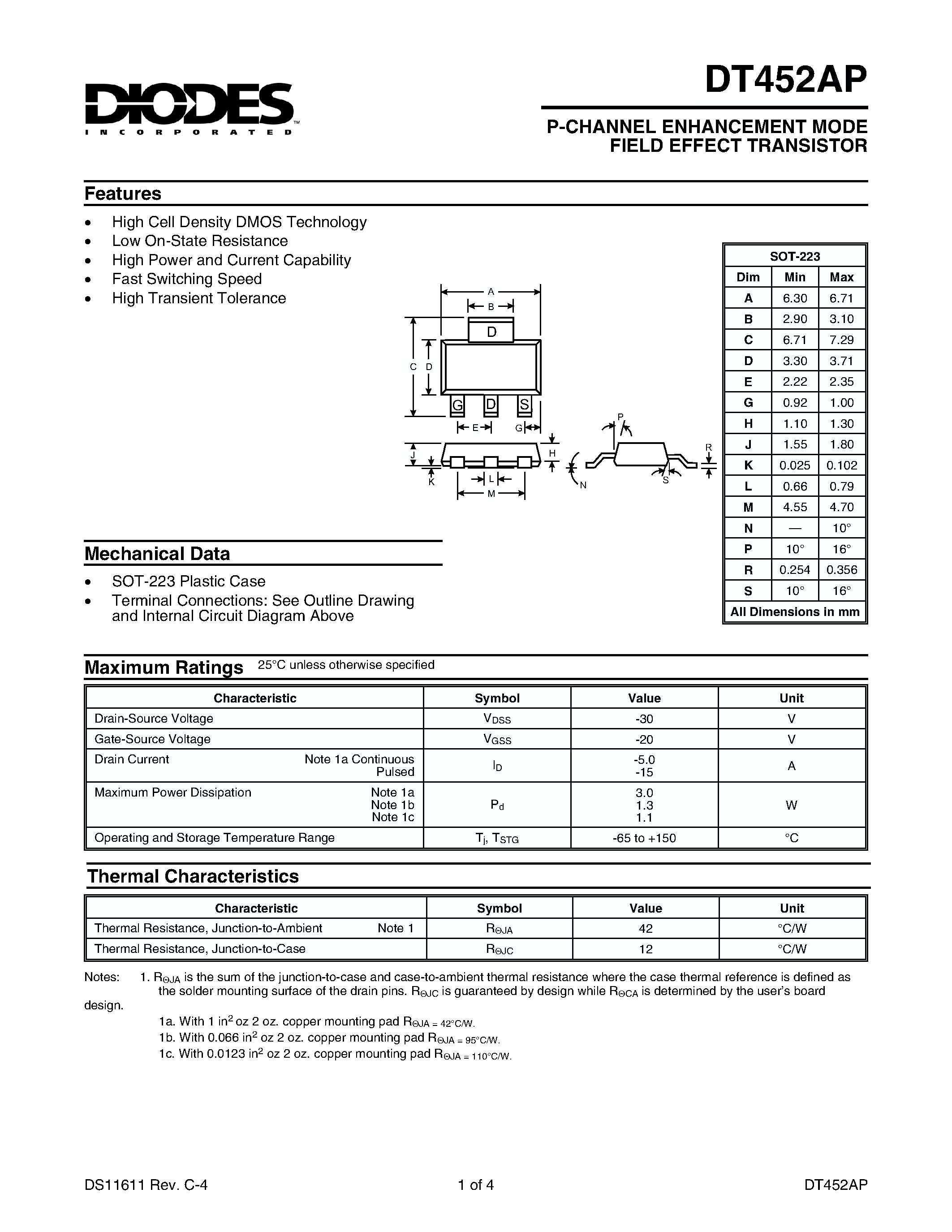 Datasheet DT452AP - P-CHANNEL ENHANCEMENT MODE FIELD EFFECT TRANSISTOR page 1