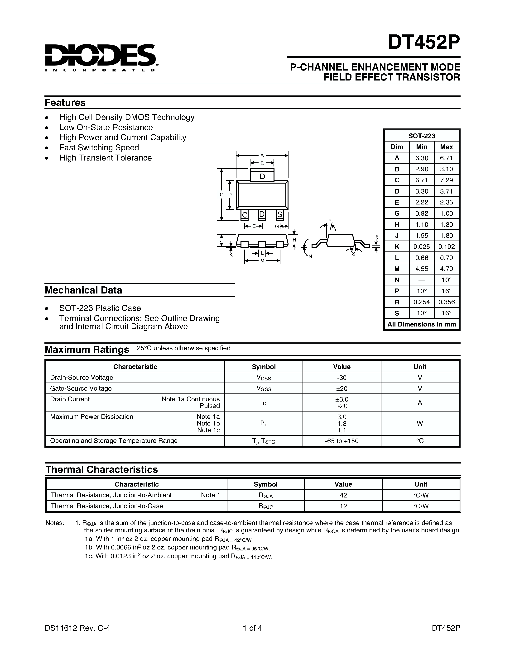 Datasheet DT452P - P-CHANNEL ENHANCEMENT MODE FIELD EFFECT TRANSISTOR page 1