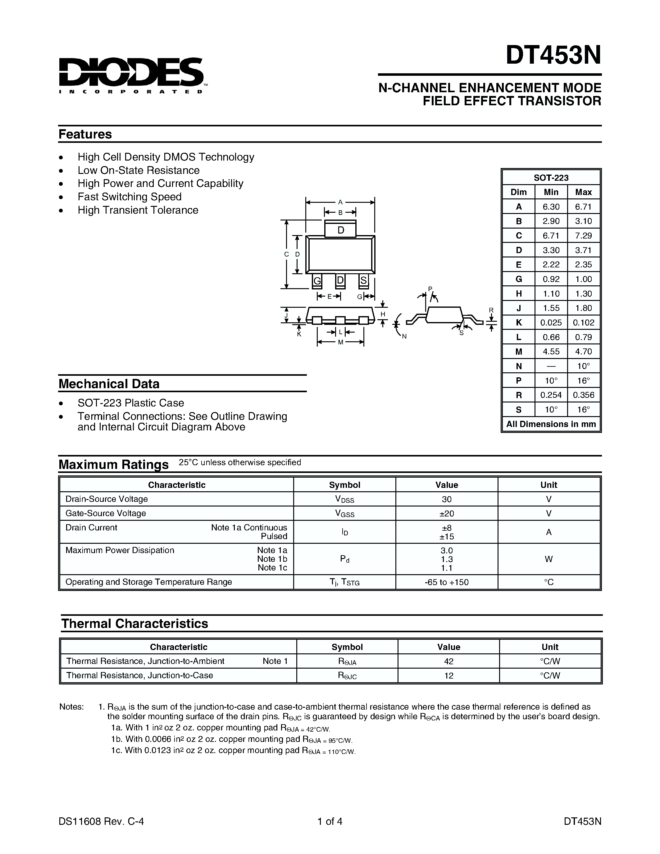 Datasheet DT453N - N-CHANNEL ENHANCEMENT MODE FIELD EFFECT TRANSISTOR page 1