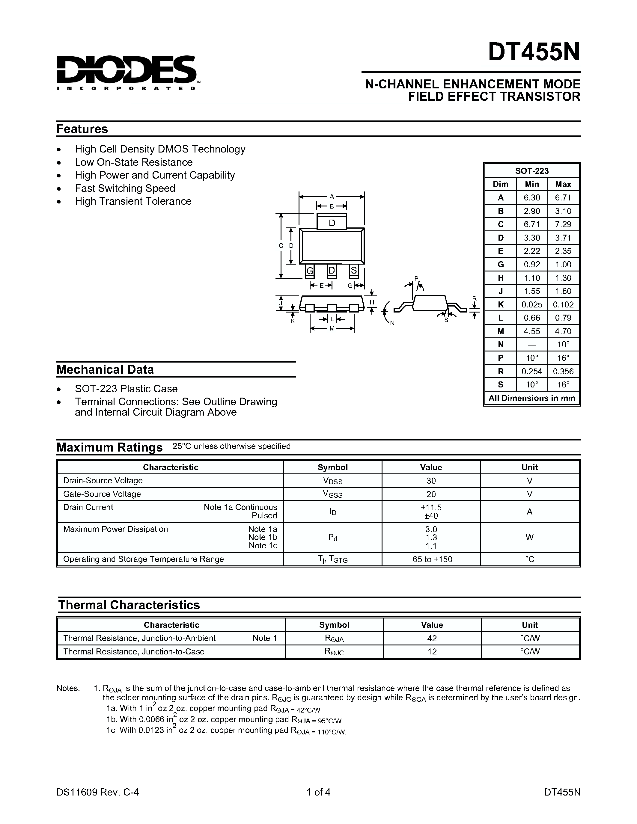 Datasheet DT455N - N-CHANNEL ENHANCEMENT MODE FIELD EFFECT TRANSISTOR page 1