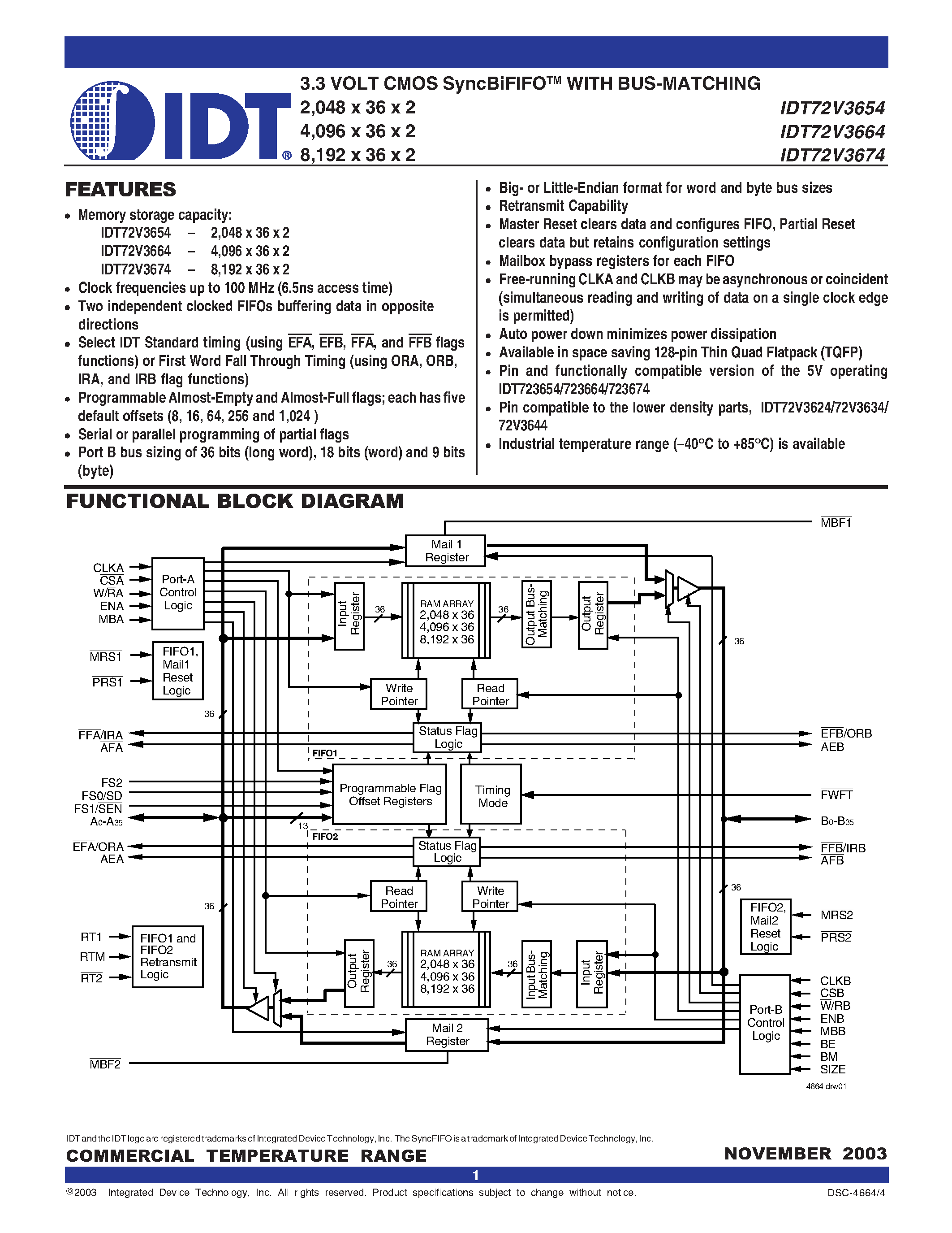 Datasheet DT72V3674L10PF page 1 Datasheet DT72V3674L10PF - 3.3 VOLT CMOS SyncBiFIFOTM WITH BUS-MATCHING 2/048 x 36 x 2 4/096 x 36 x 2 8/192 x 36 x 2 page 1