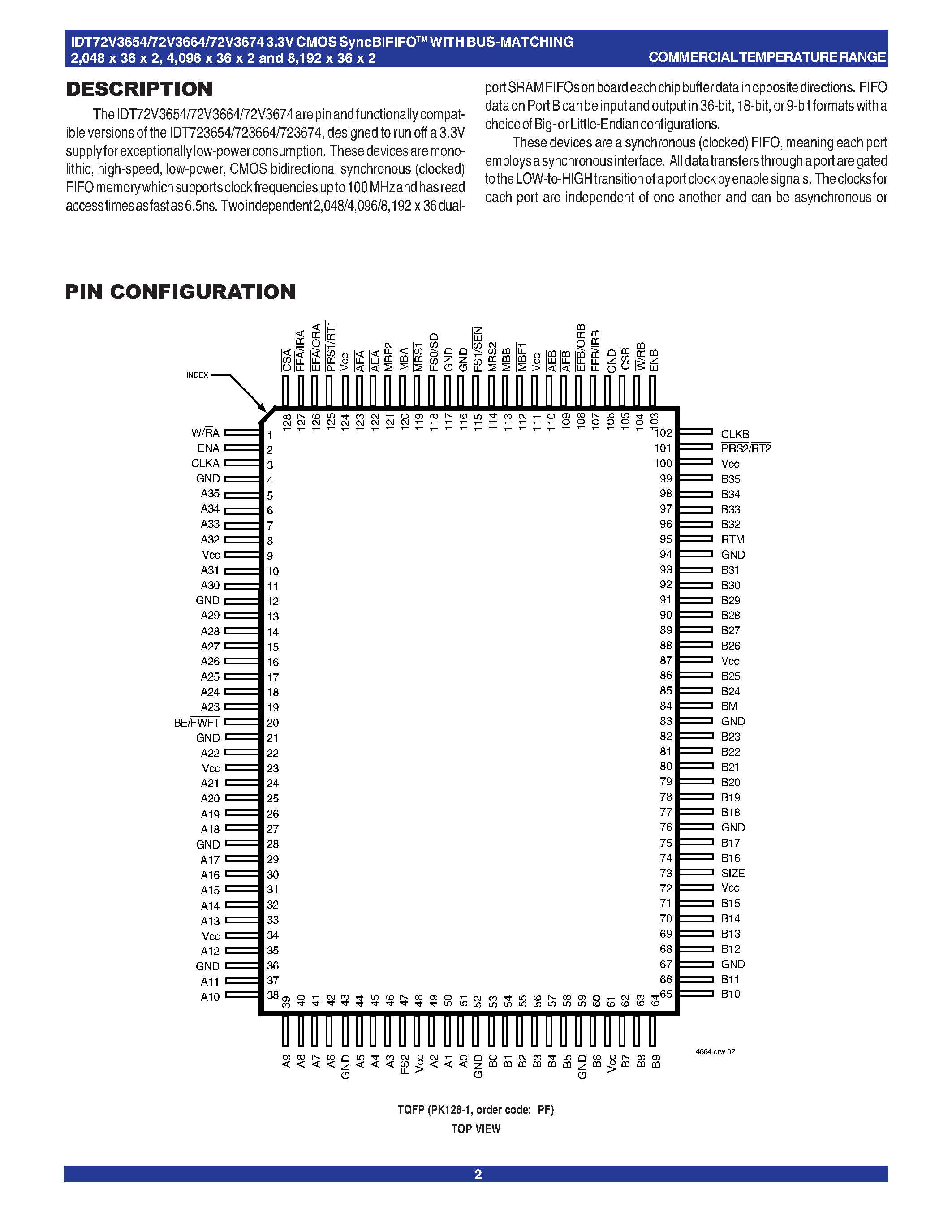 Datasheet DT72V3674L10PF page 2 Datasheet DT72V3674L10PF - 3.3 VOLT CMOS SyncBiFIFOTM WITH BUS-MATCHING 2/048 x 36 x 2 4/096 x 36 x 2 8/192 x 36 x 2 page 2