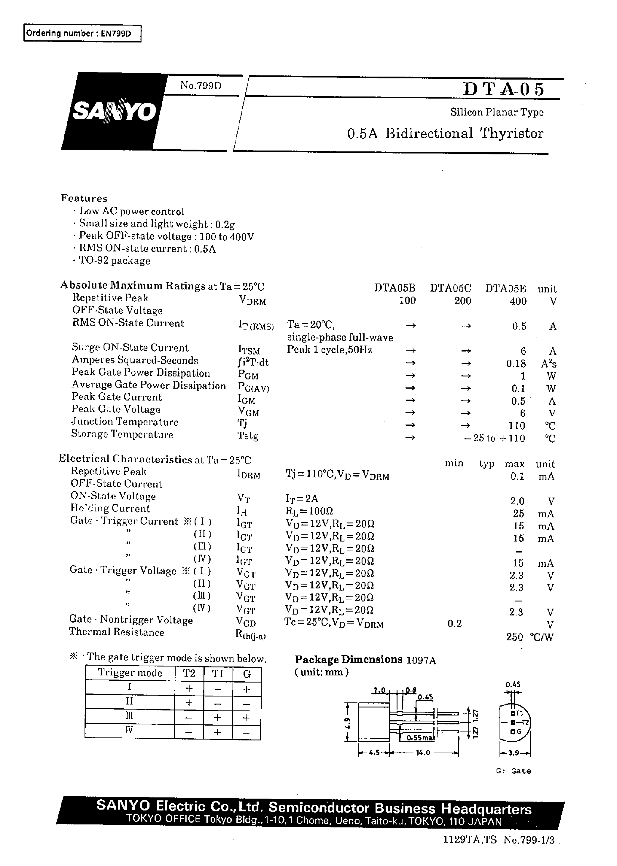 Datasheet DTA05E page 1 Datasheet DTA05E - 0.5A Bidirectional Thyristor page 1