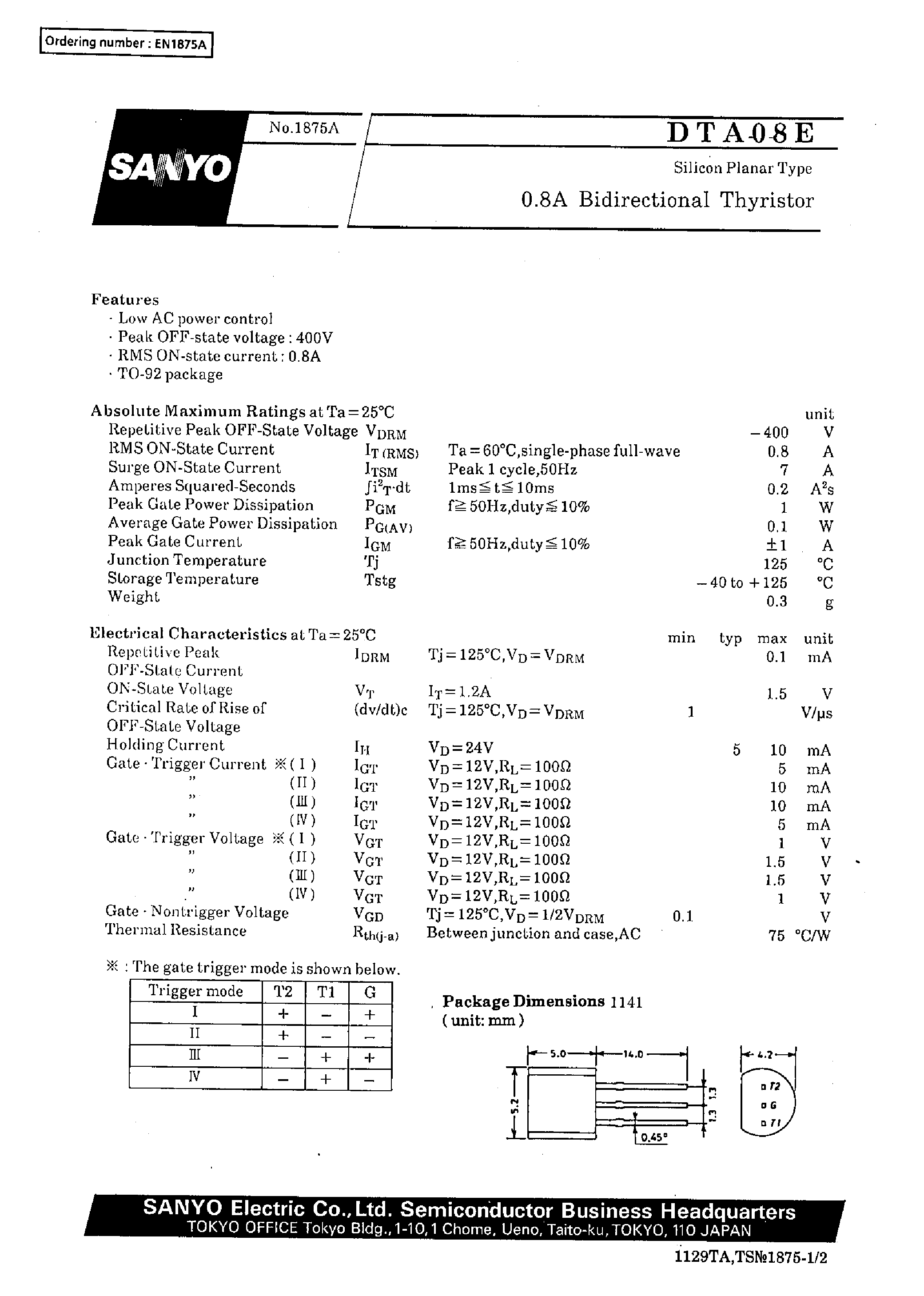 Datasheet DTA08 page 1 Datasheet DTA08 - 0.8A Bidirectional Thyristor page 1