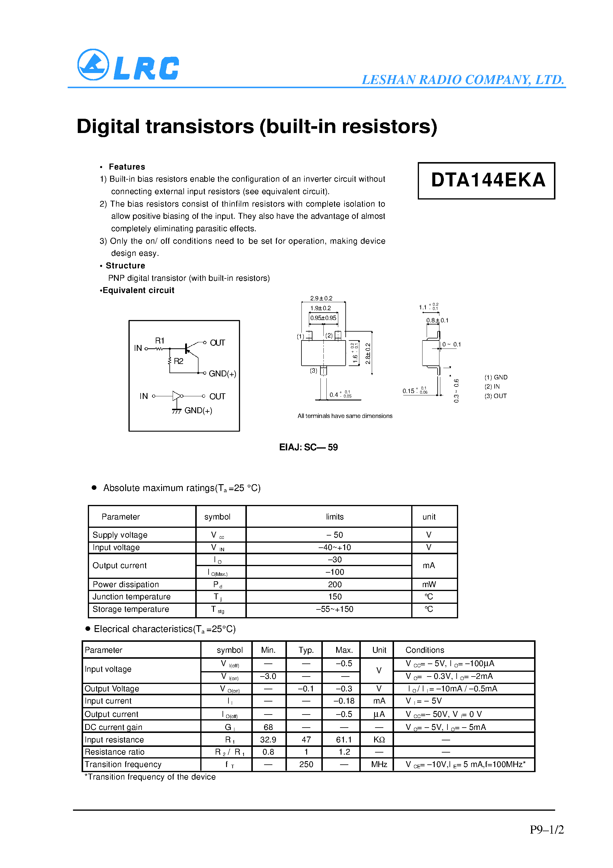 Даташит DTA114EKA - Digital transistors(built-in resistors) страница 1