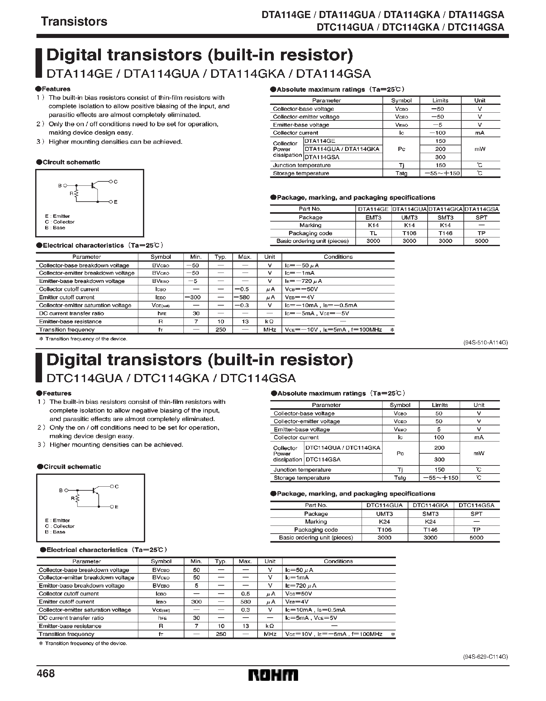 Даташит DTA114GSA - Digital transistors (built-in resistor) страница 1
