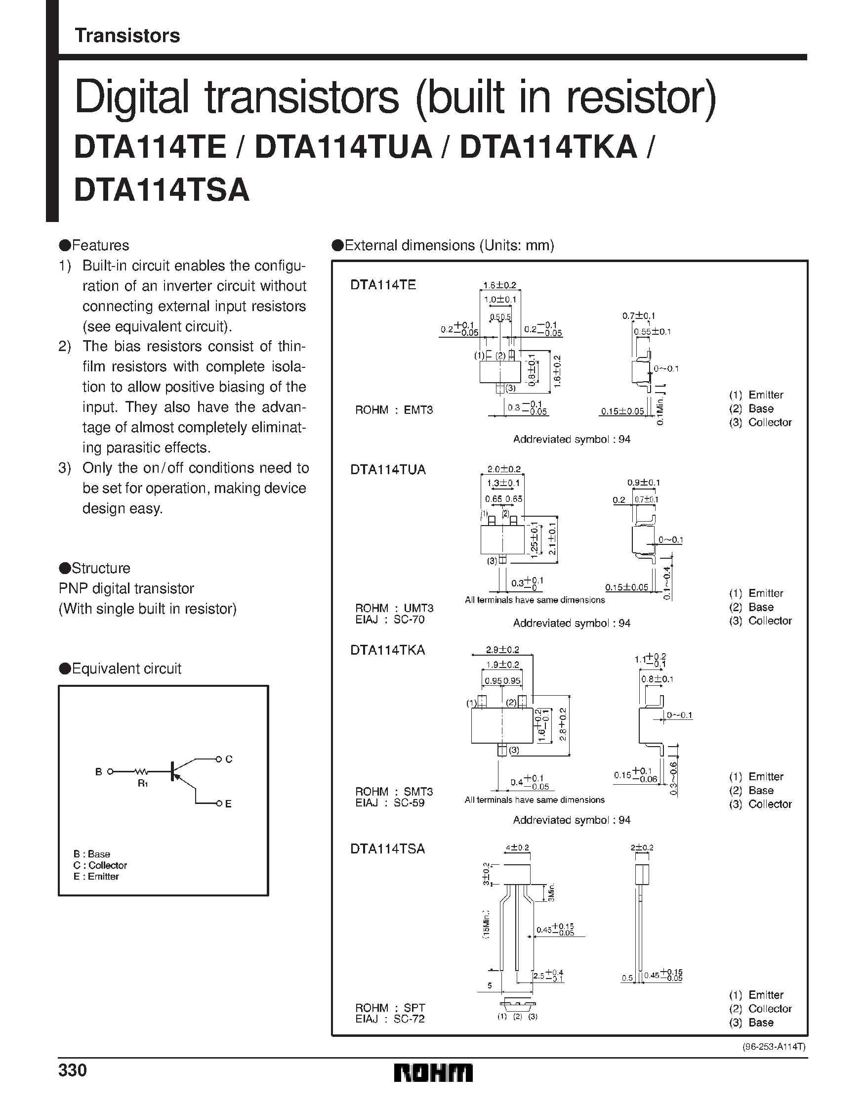 Даташит DTA114TE - Digital transistors (built in resistor) страница 1