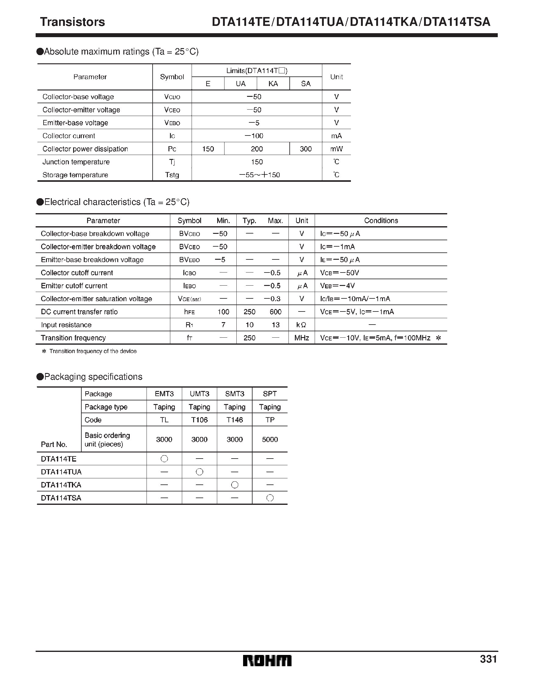 Даташит DTA114TE - Digital transistors (built in resistor) страница 2