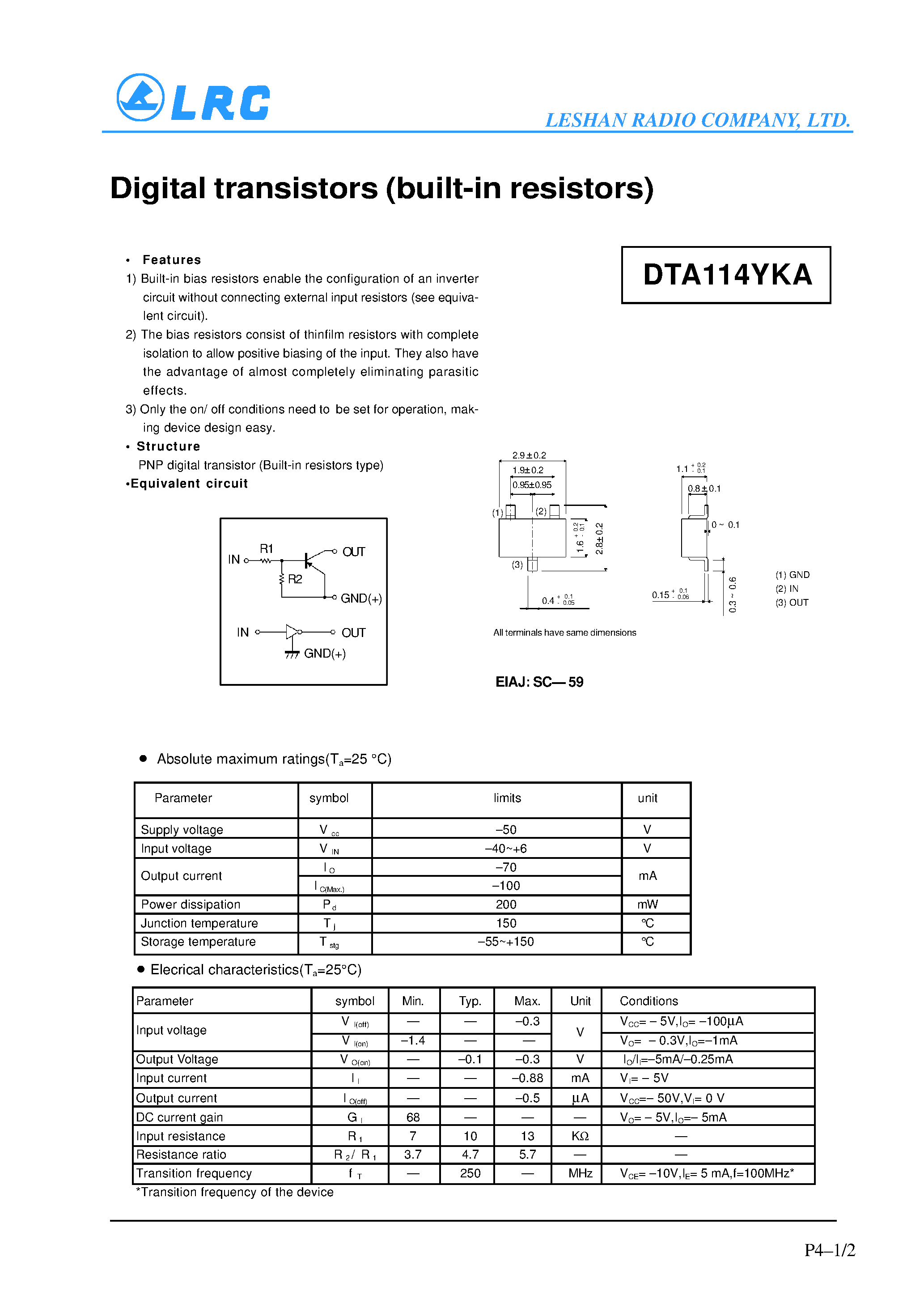 Даташит DTA114YKA - Digital transistors(built-in resistors) страница 1