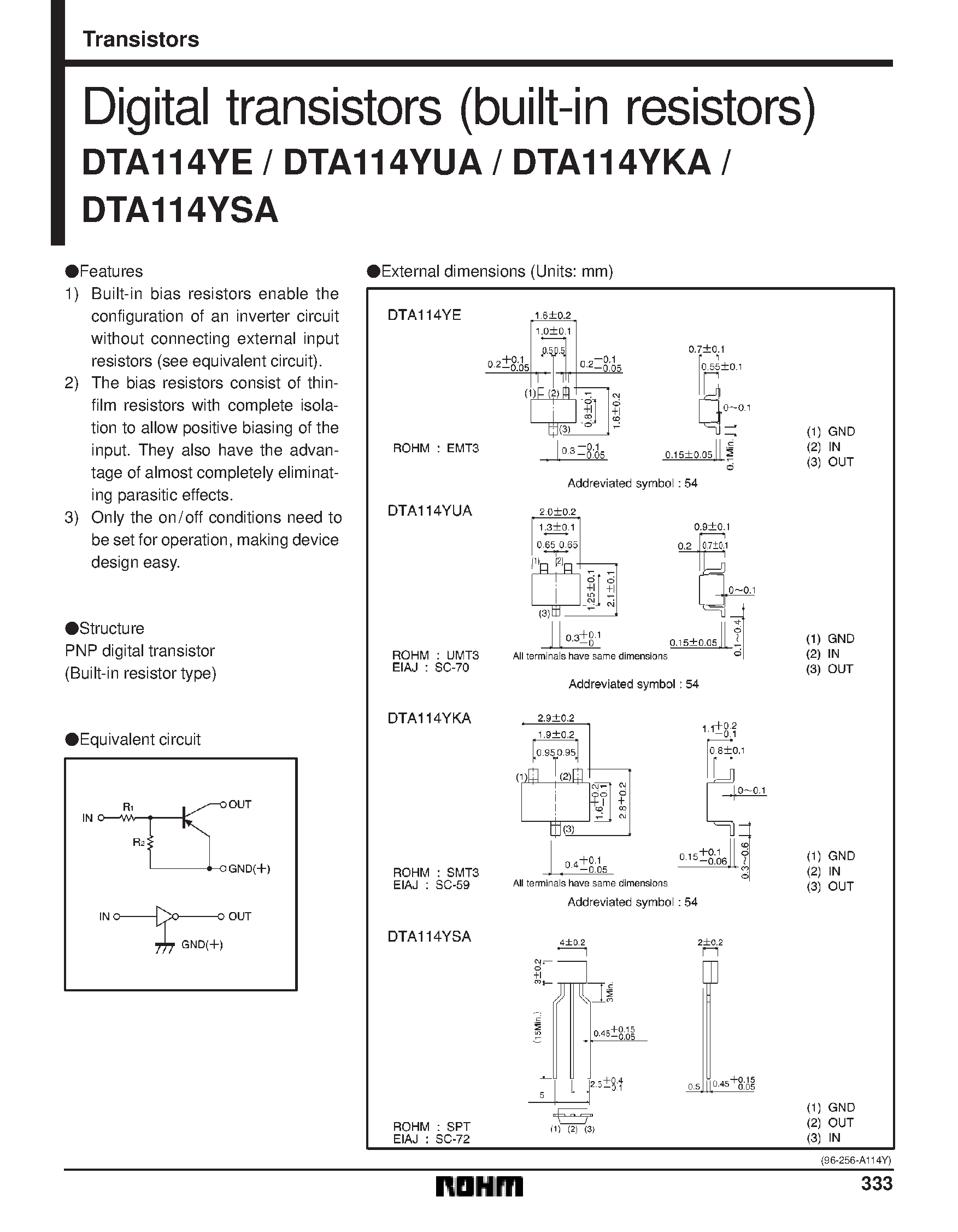 Даташит DTA114YKA - Digital transistors (built-in resistors) страница 1