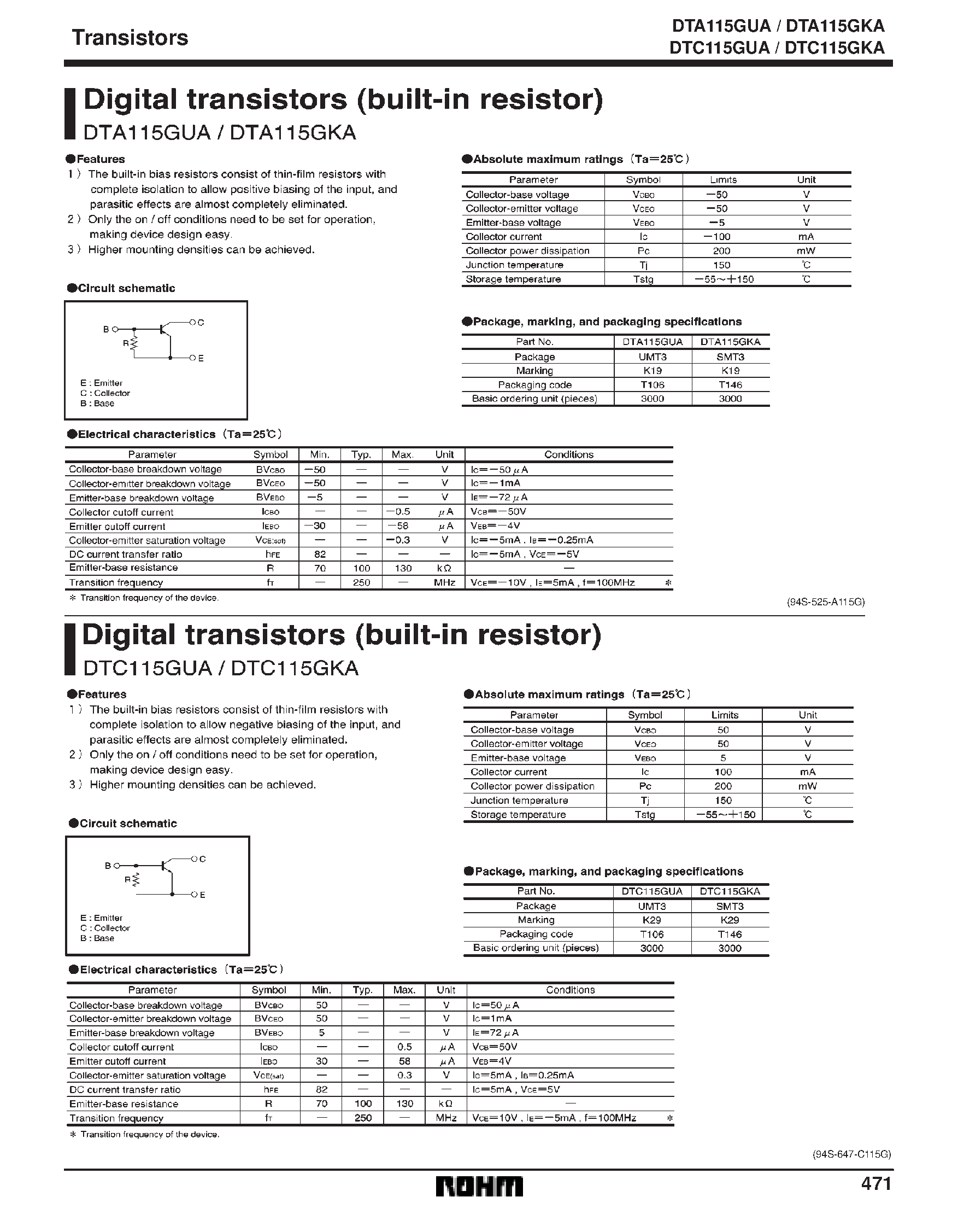 Даташит DTA115GUA - Digital transistors (built-in resistor) страница 1