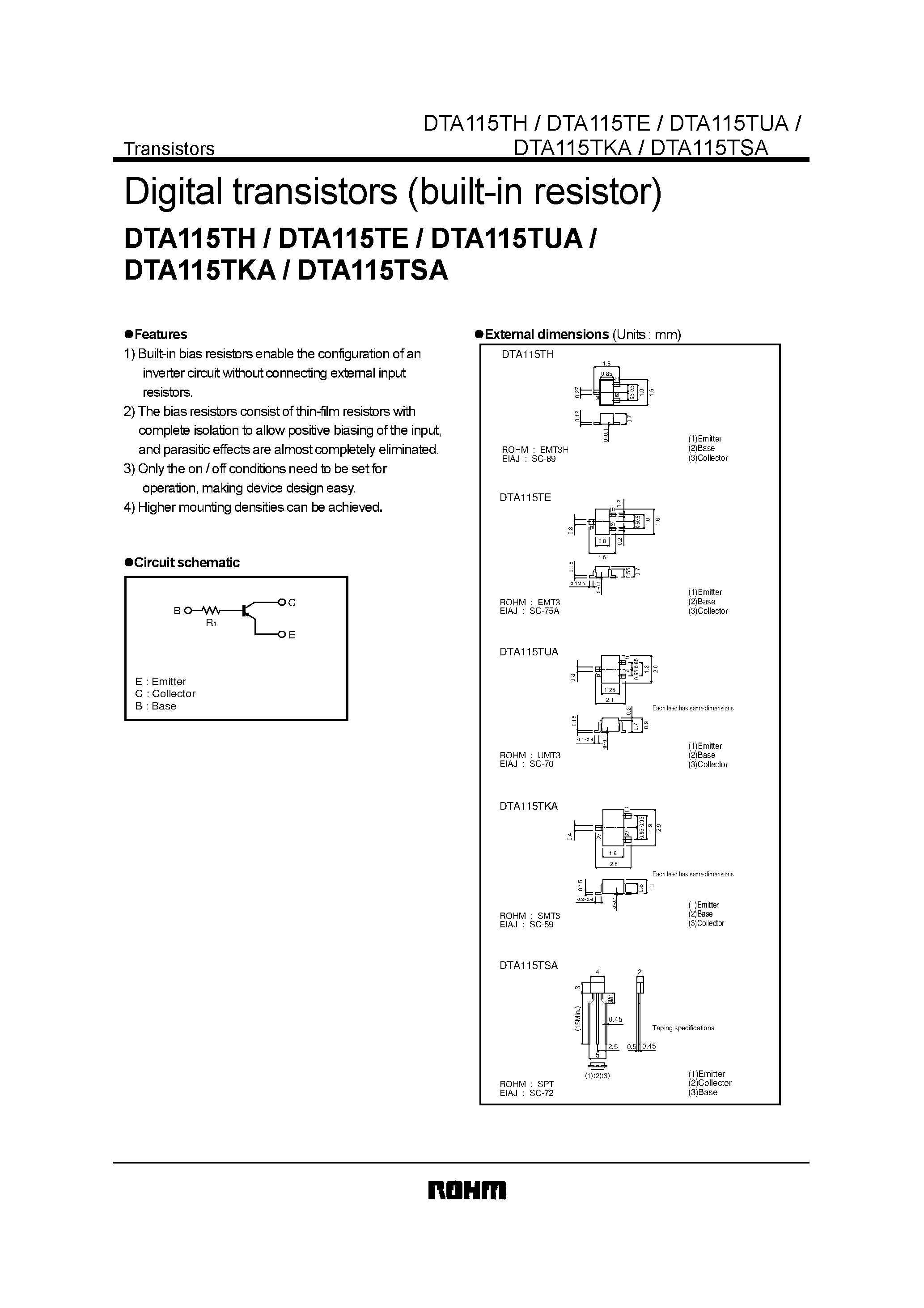 Даташит DTA115TH - Digital transistors (built-in resistor) страница 1