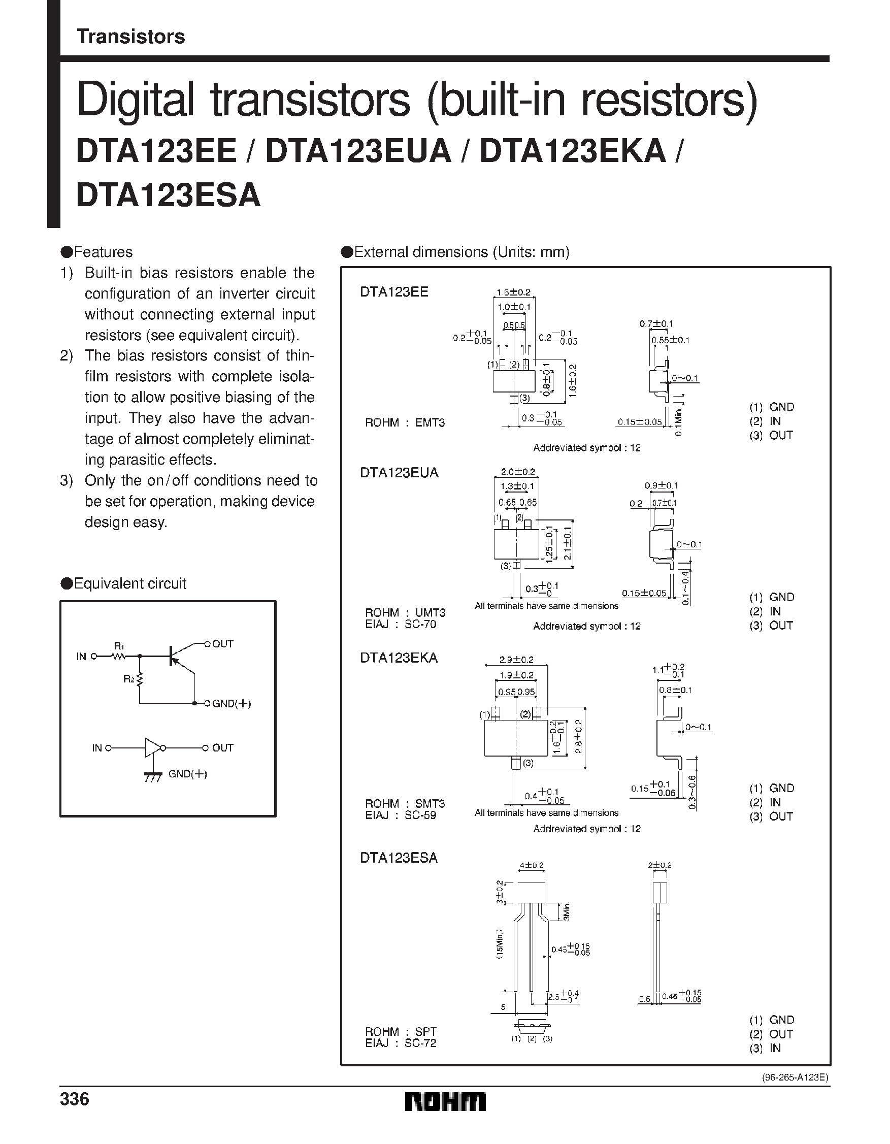 Даташит DTA123EE - Digital transistors (built-in resistors) страница 1