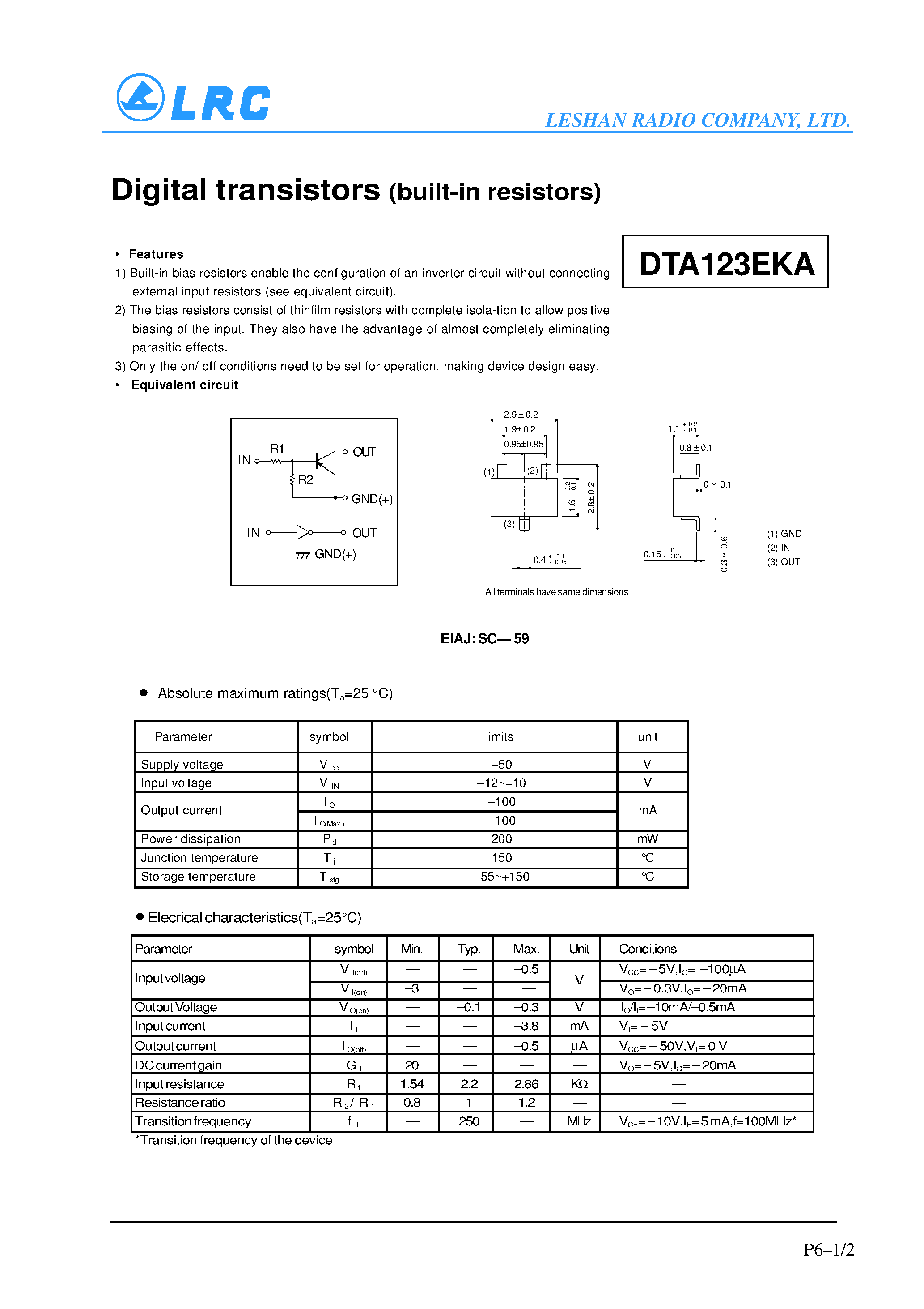 Даташит DTA123EKA - Digital transistors(built-in resistors) страница 1