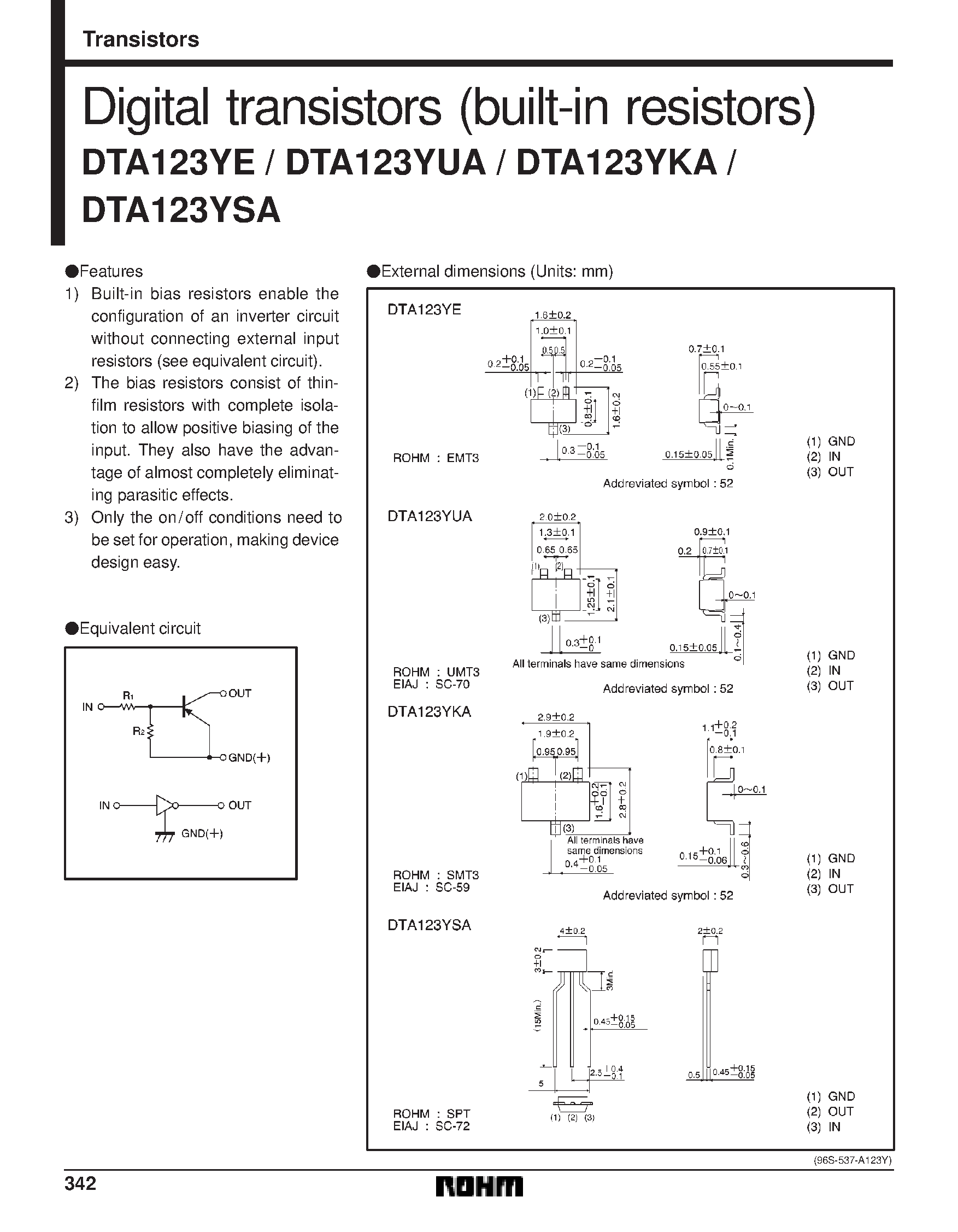 Даташит DTA123YSA - Digital transistors (built-in resistors) страница 1