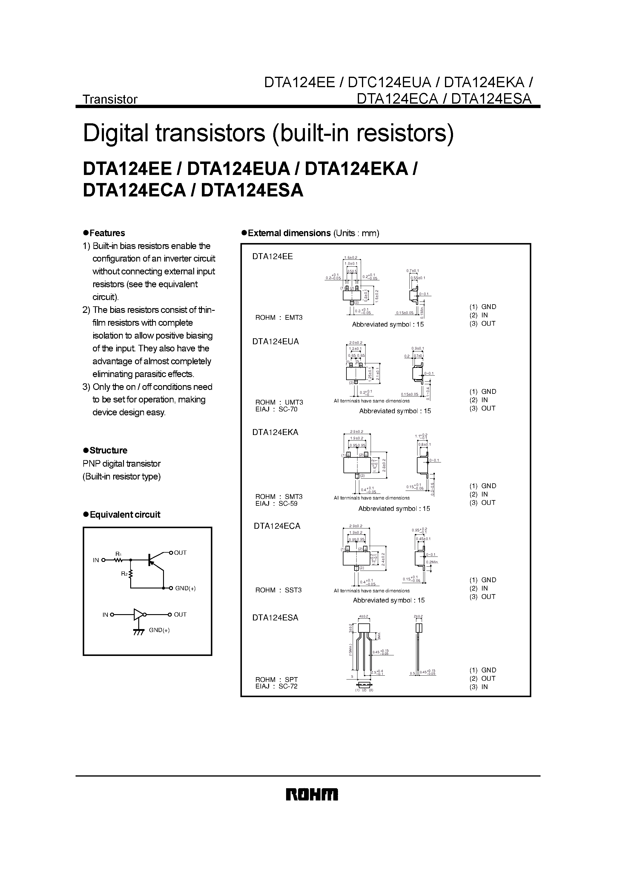 Даташит DTA124EE - Digital transistors (built-in resistors) страница 1